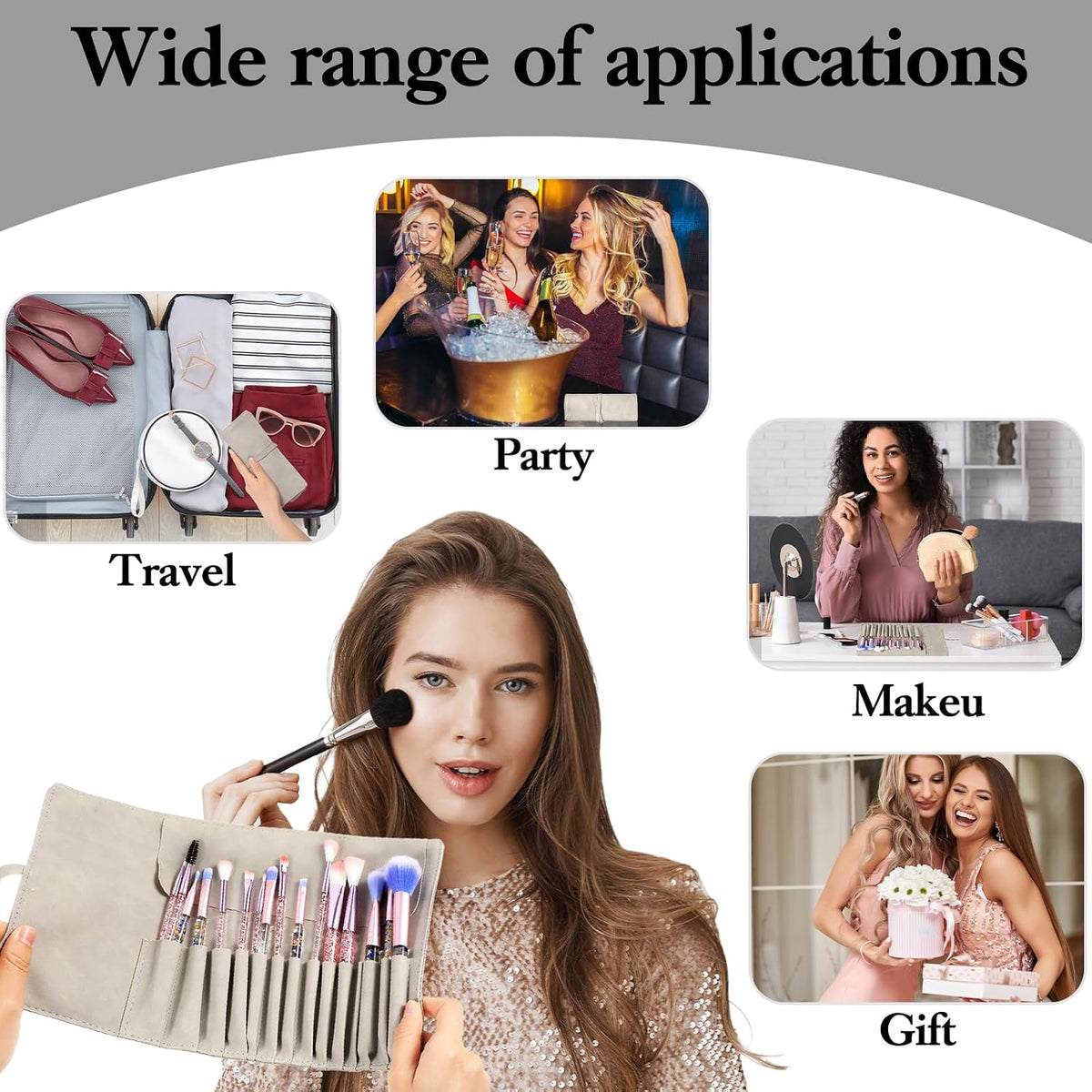 Makeup Brush Organizer Roll-Up PU Leather 14 Slot Travel Makeup Brush Case for Women