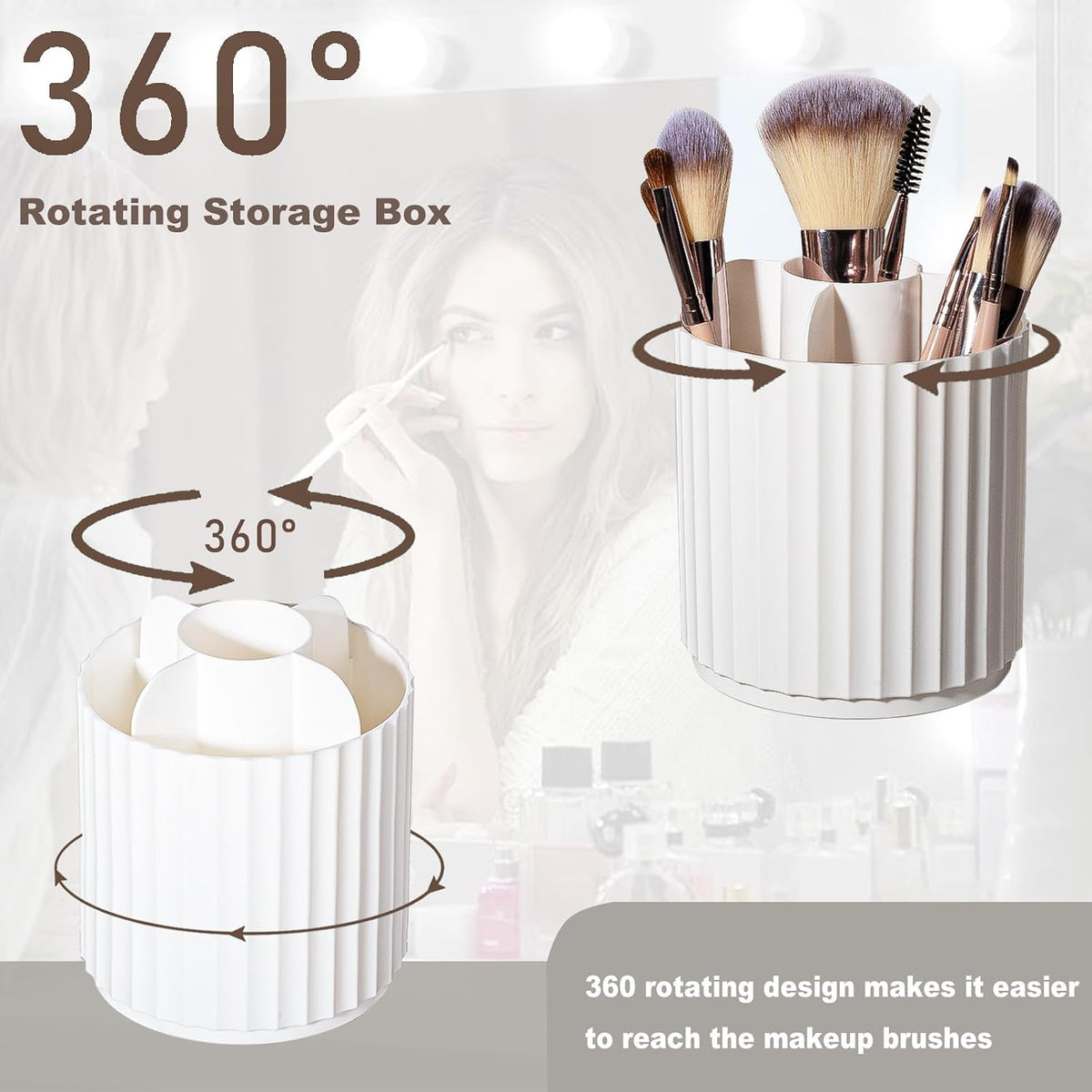 360 Rotating Makeup Brush Holder Make Up Brushes Organizer, Stripe White