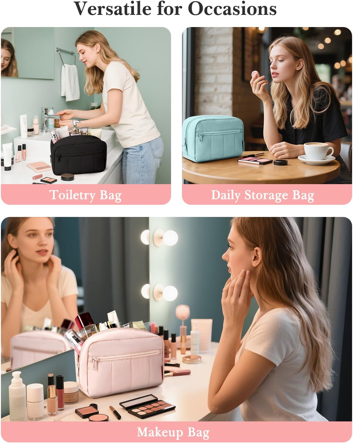 Noozion Makeup Bag Travel Toiletry Bag, Puffy Padded Cosmetic Bag for Women, Makeup Organizer Case, Wide-open Pouch Purse, Travel Essentials