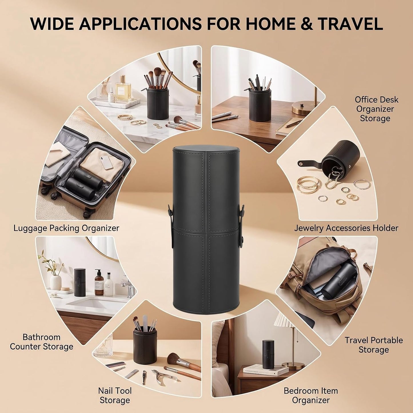 erioctry Black Makeup Brush Case Holder Portable PU Leather Cosmetic Brush Organizer & Storage Roll-up Case for Travel 23 x 8 cm with Snap Closure