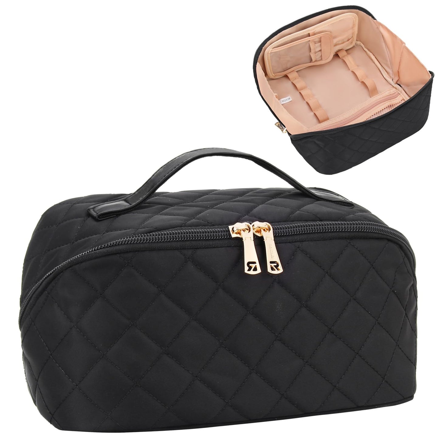 Relavel Travel Makeup Bag, Small Floral Cosmetic Bag with Makeup Brush Compartment, Portable Makeup Pouch for Women, Double Layer Makeup Organizer Bag Cute Toiletry Bag