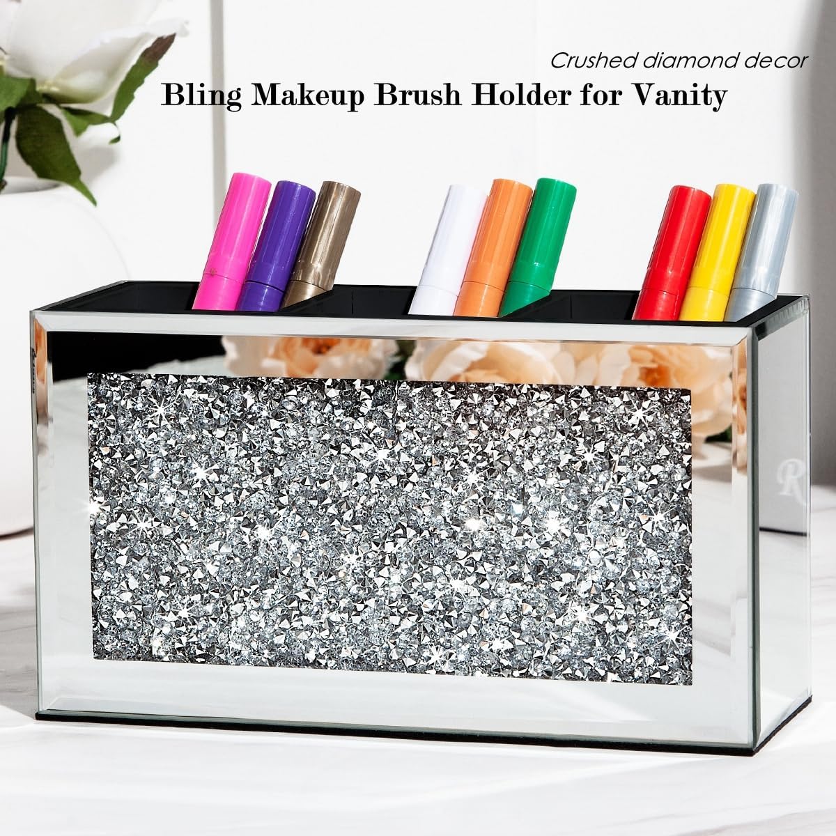 SHYFOY Mirrored Makeup Brush Holder Organizer with Crushed Diamond, 3 Slots
