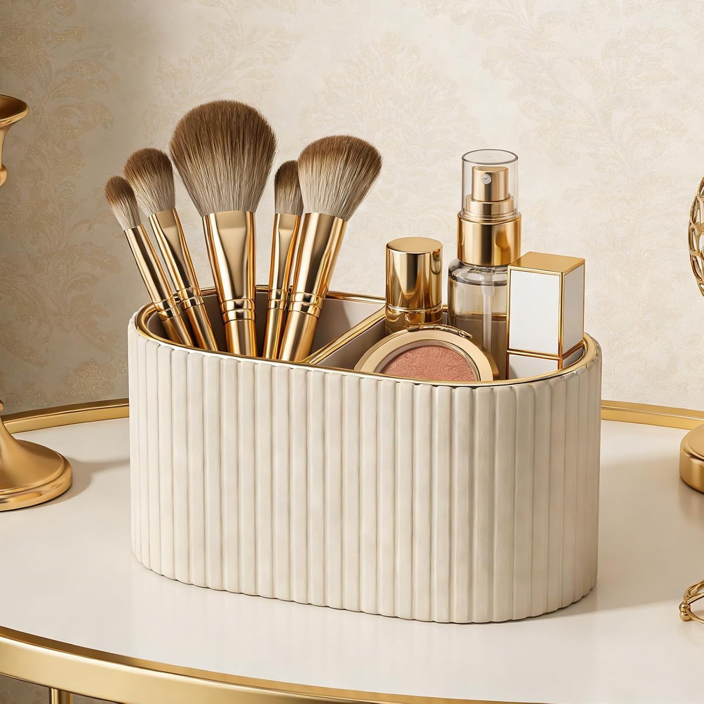 KINGFOM Makeup Brush Holder Organizer with Divider, PU Leather Vanity Brush Holder for Bathroom Countertop & Dressing Table, Cosmetic Desktop Storage Caddy for Makeup Tools Oval, Gift for Women Beige