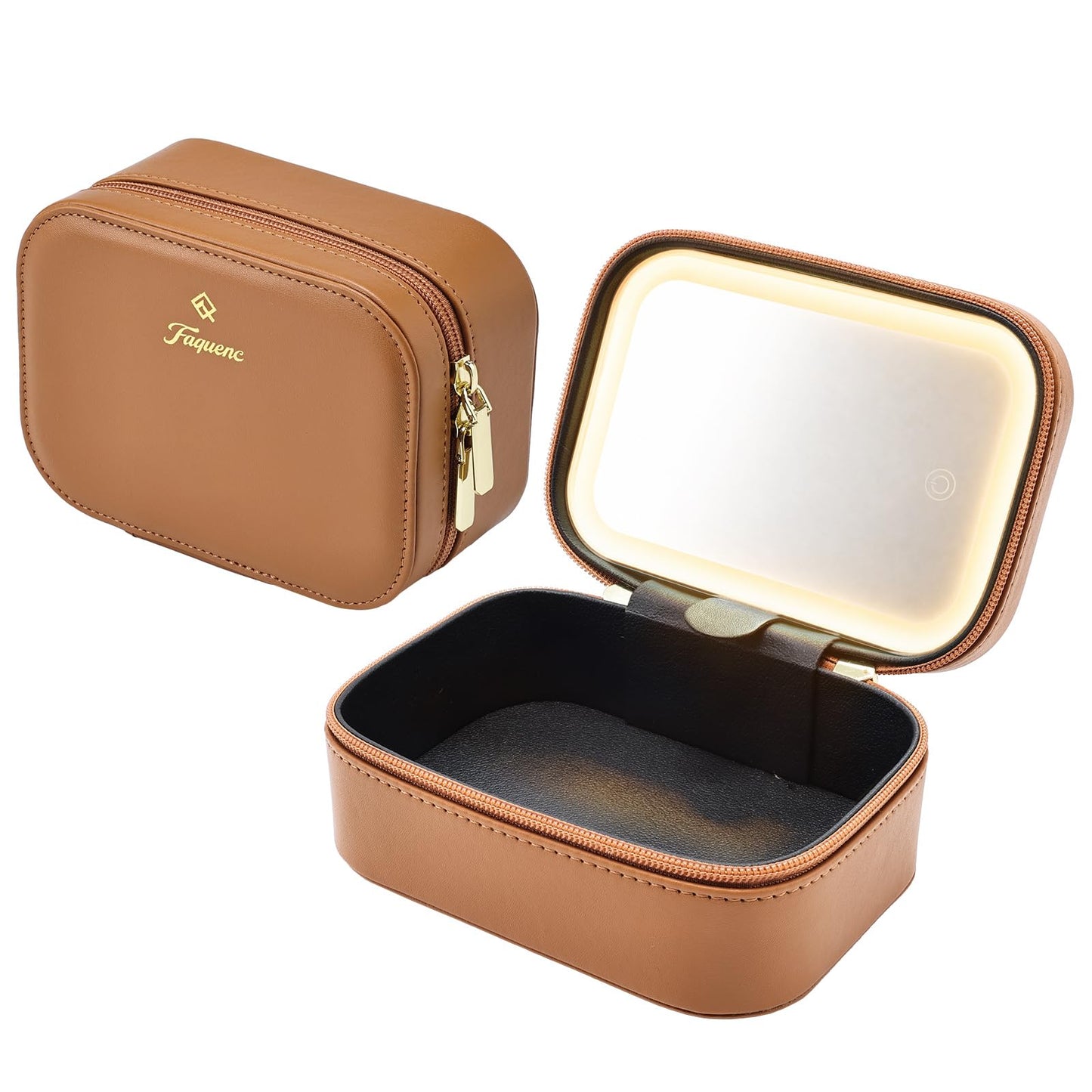 Faquenc Leather Makeup Case with LED Lighted Mirror 11.4 Inch Travel Makeup Bag Adjustable Brightness in 3 Colors Cosmetic Organizer Artist Storage Bag with Dividers Brush Holder Bag Vanity White