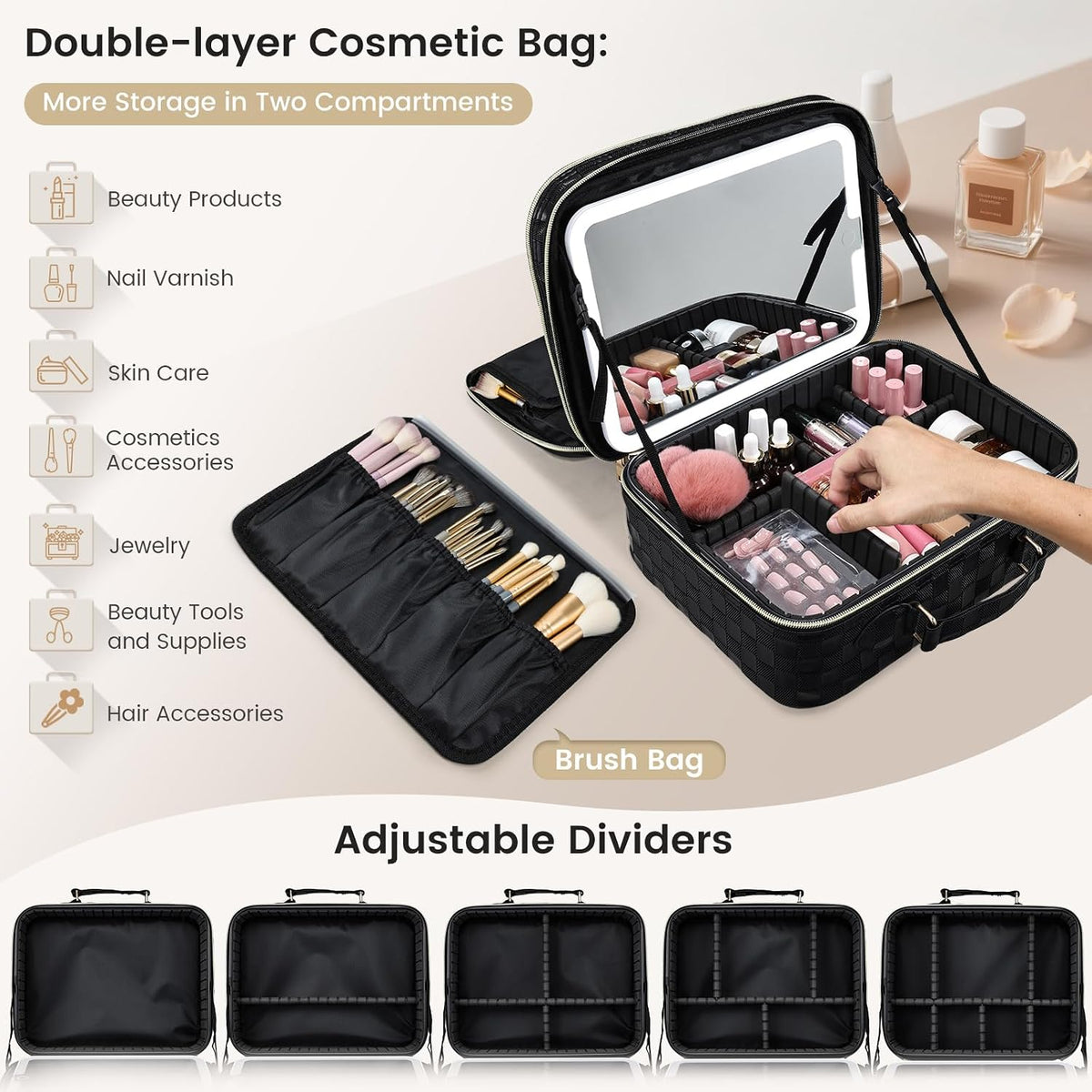 Makeup Bag with LED Lighted Mirror 12.2 IN Cosmetic Train Case Double Layer Makeup Case Adjustable Brightness in 3 Colors Cosmetic Organizer Artist Storage with Brush Holder Vanity Black Checkerboard