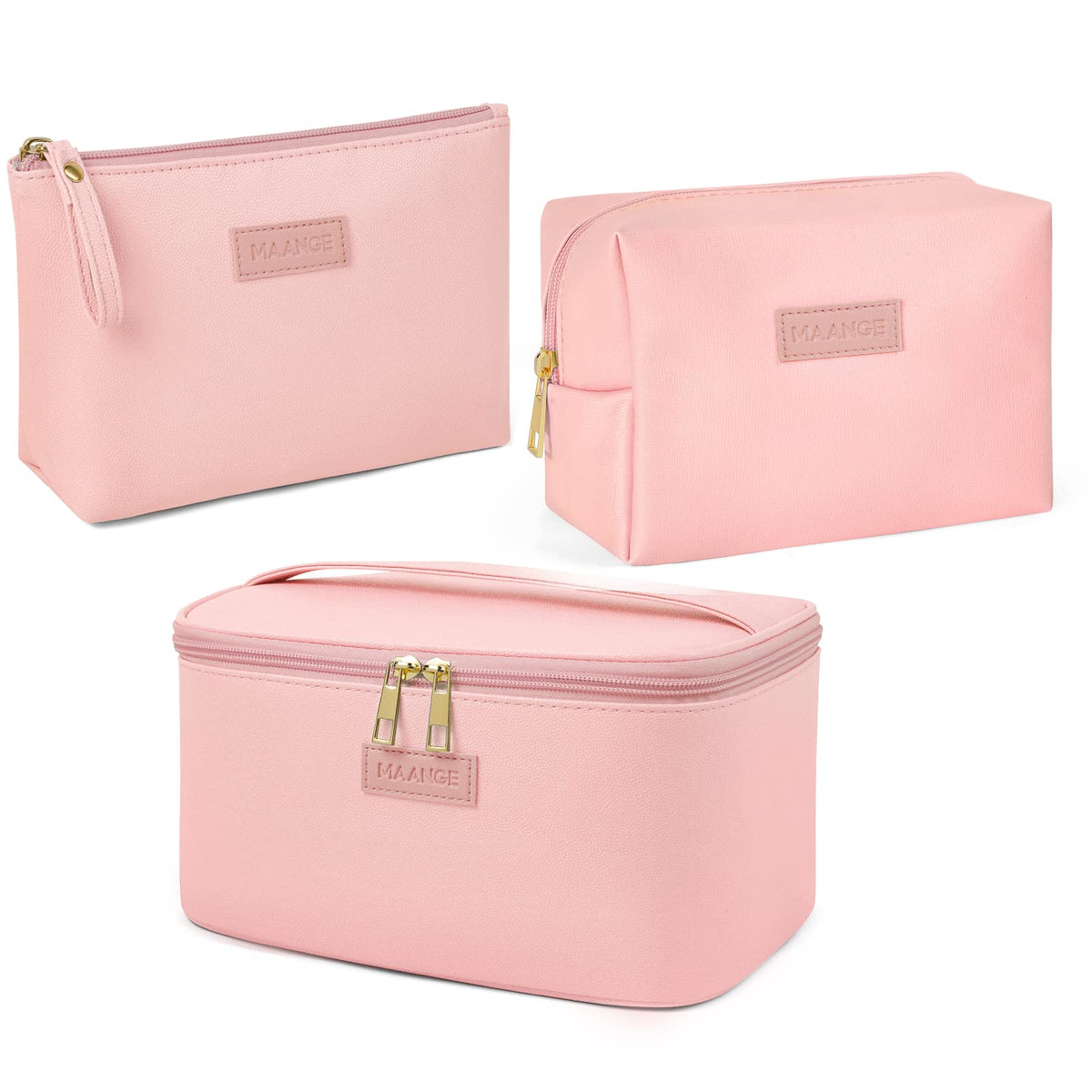 MAANGE Makeup Bag - Large Cosmetic Bag with 2pcs Small Makeup Bags Portable Leather Travel Makeup Bag Set Toiletry Bag Make Up Bags for Women and Girls (Black)