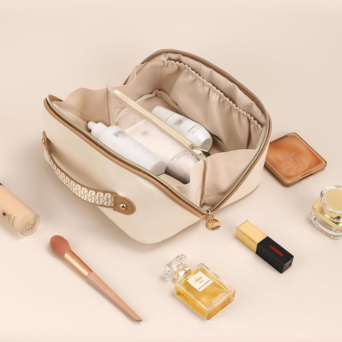 Prite Makeup Bag Travel Toiletry Bag Open Flat Cosmetic Organizer for Women
