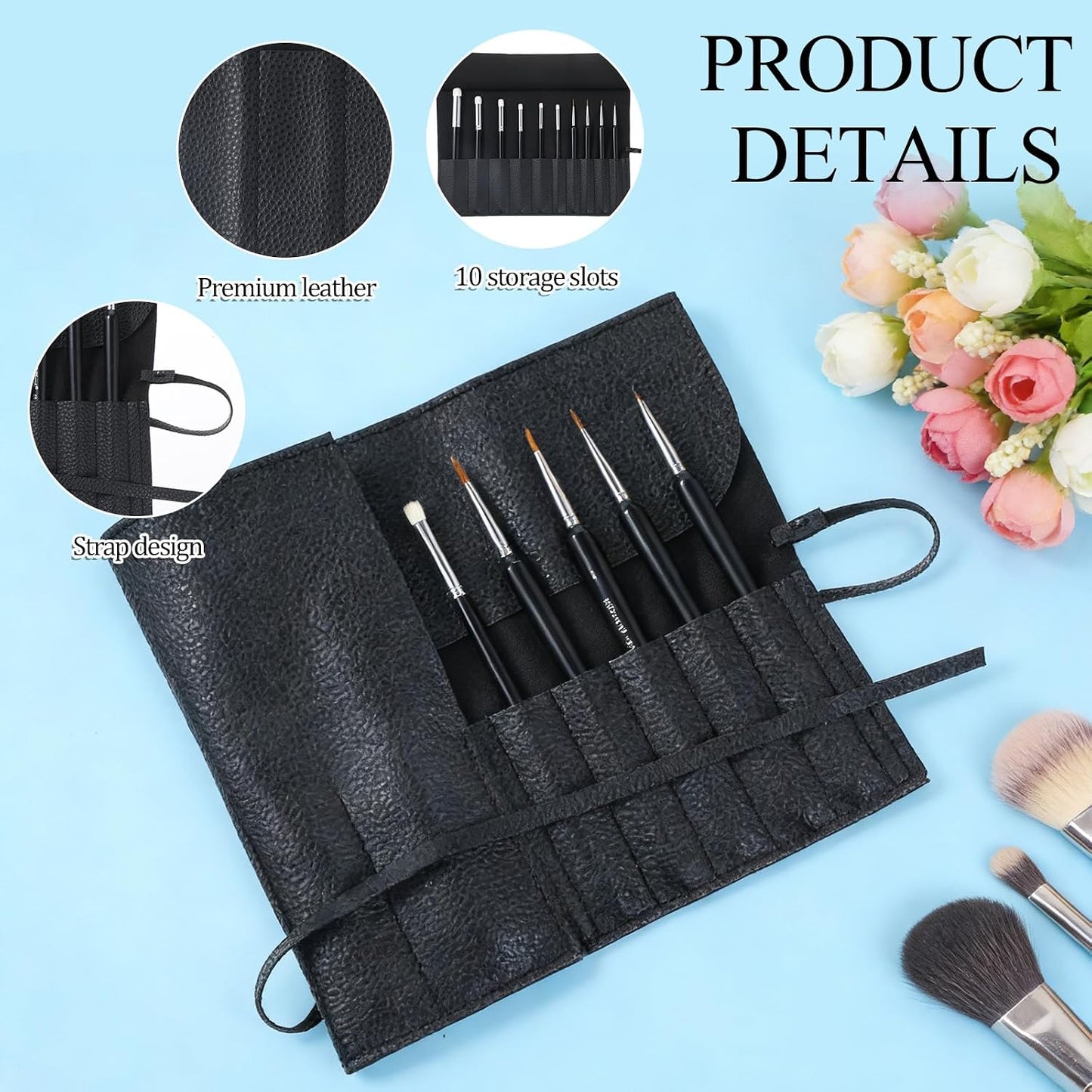 Makeup Brush Organizer PU Leather Makeup Brush Holder Travel 10 Slot Make up Brushes Roll Cosmetic Bag for Women