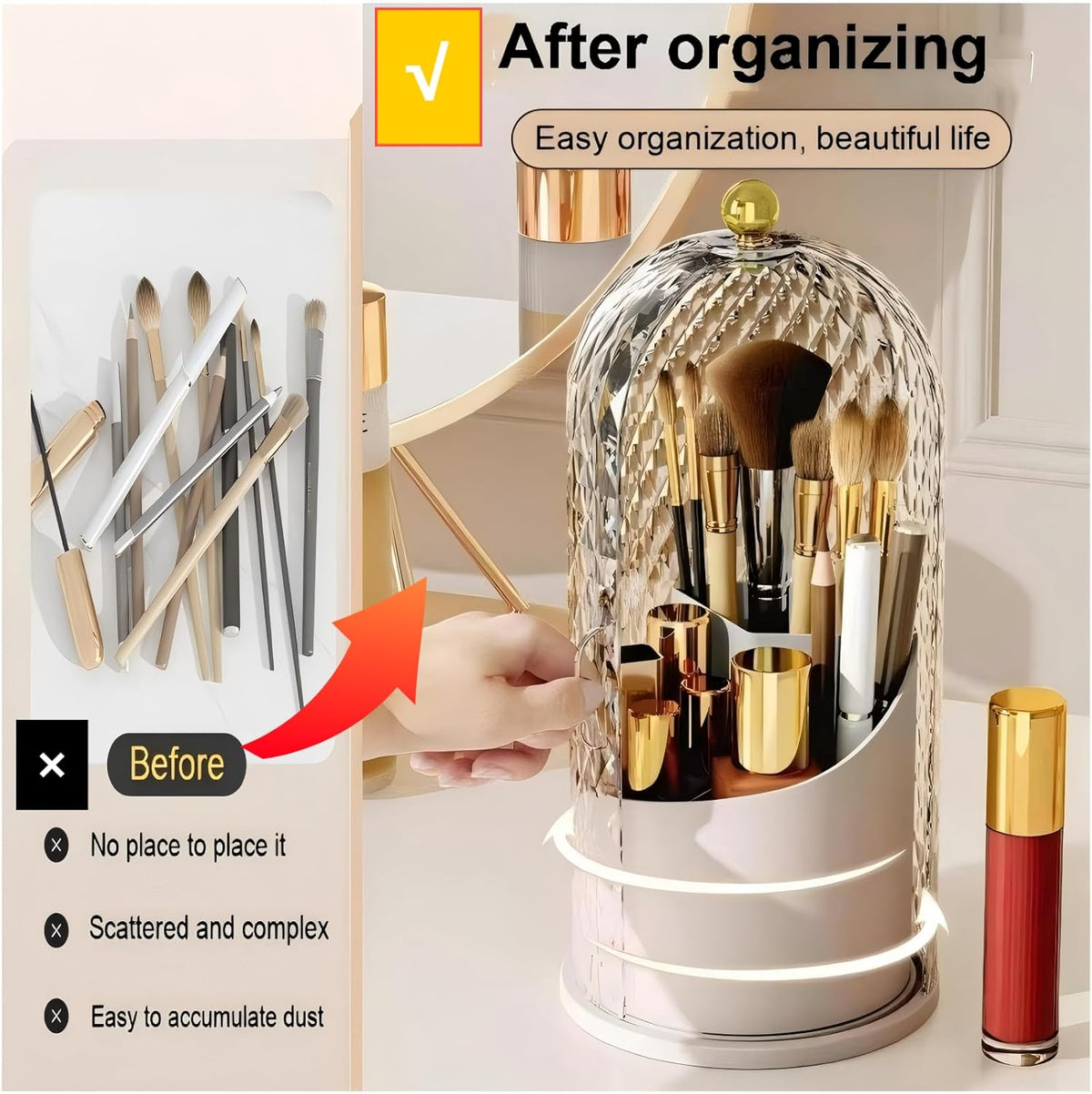 Makeup Brush Holder with Lid,360 Rotating Makeup Organizer