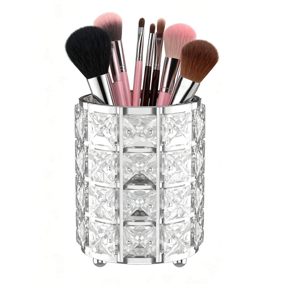 LUGUNU Makeup Brush Holder with Silver Crystal Bling – Elegant Vanity Organizer for Brushes, Pens & Pencils, Ideal for Bathroom or Office Countertop(1Pack)