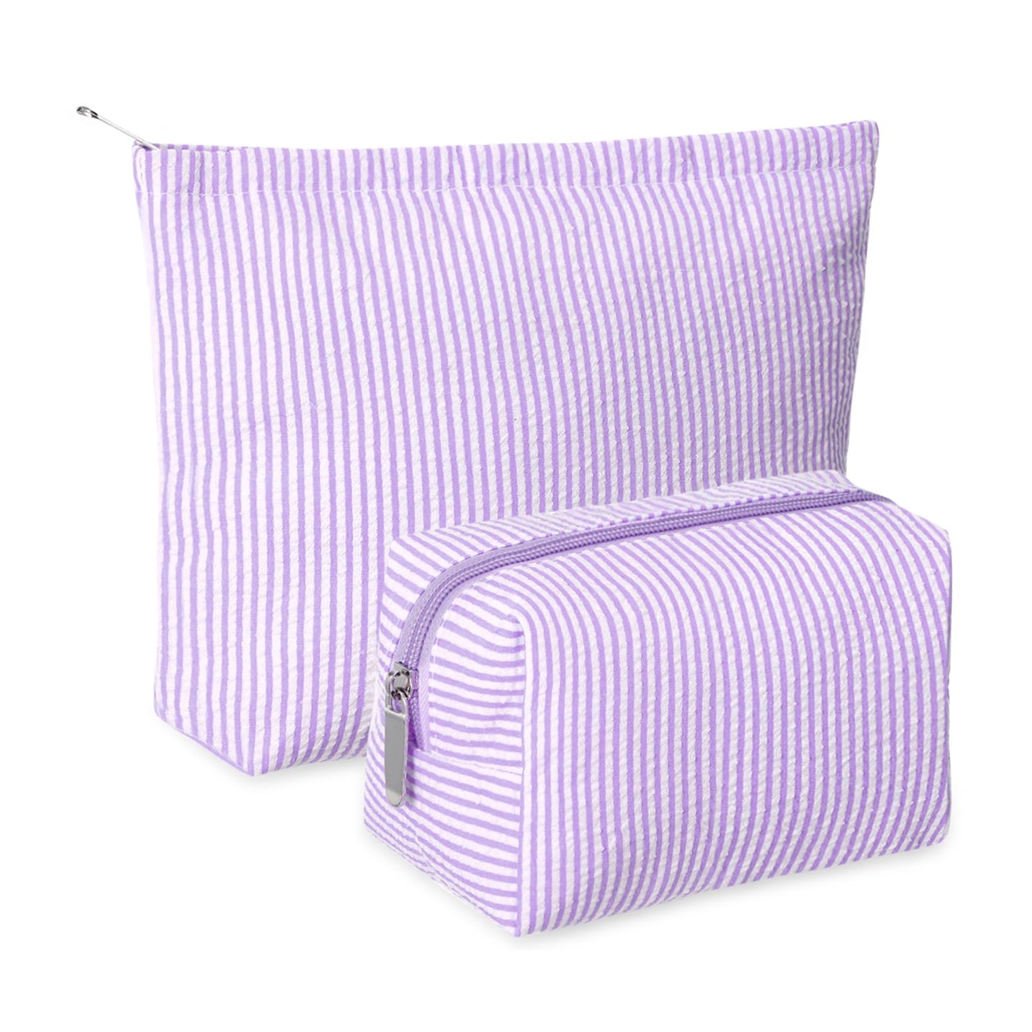 Huhumy 2 Pcs Makeup Bag Set for Women, Khaki, Thin Striped Seersucker