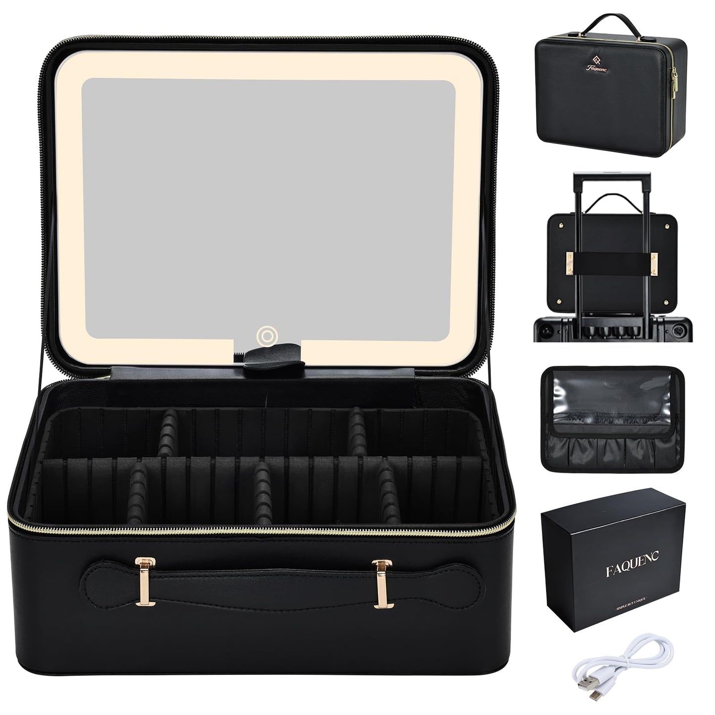 Faquenc Leather Makeup Case with LED Lighted Mirror 11.4 Inch Travel Makeup Bag Adjustable Brightness in 3 Colors Cosmetic Organizer Artist Storage Bag with Dividers Brush Holder Bag Vanity White
