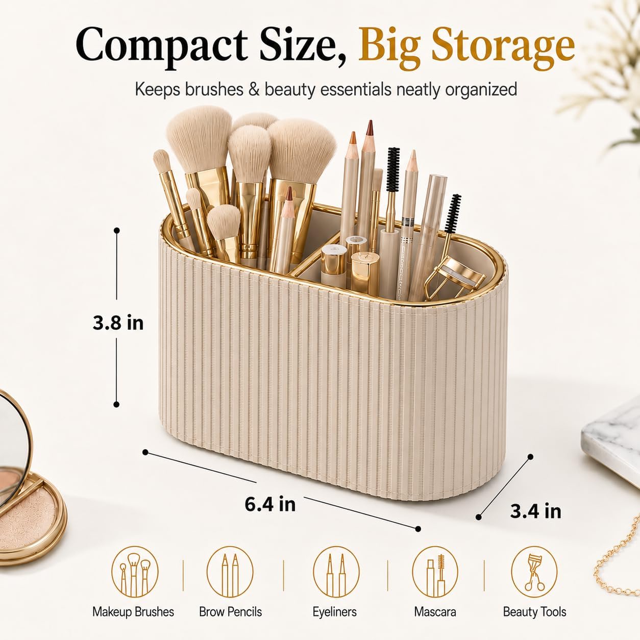GORESE Makeup Brush Holder Organizer with 2 Slots, PU Leather Small Make Up Organizer for Vanity Countertop, Makeup Brush Cup for Bathroom & Dresser Counter, Gift for Women(Beige)