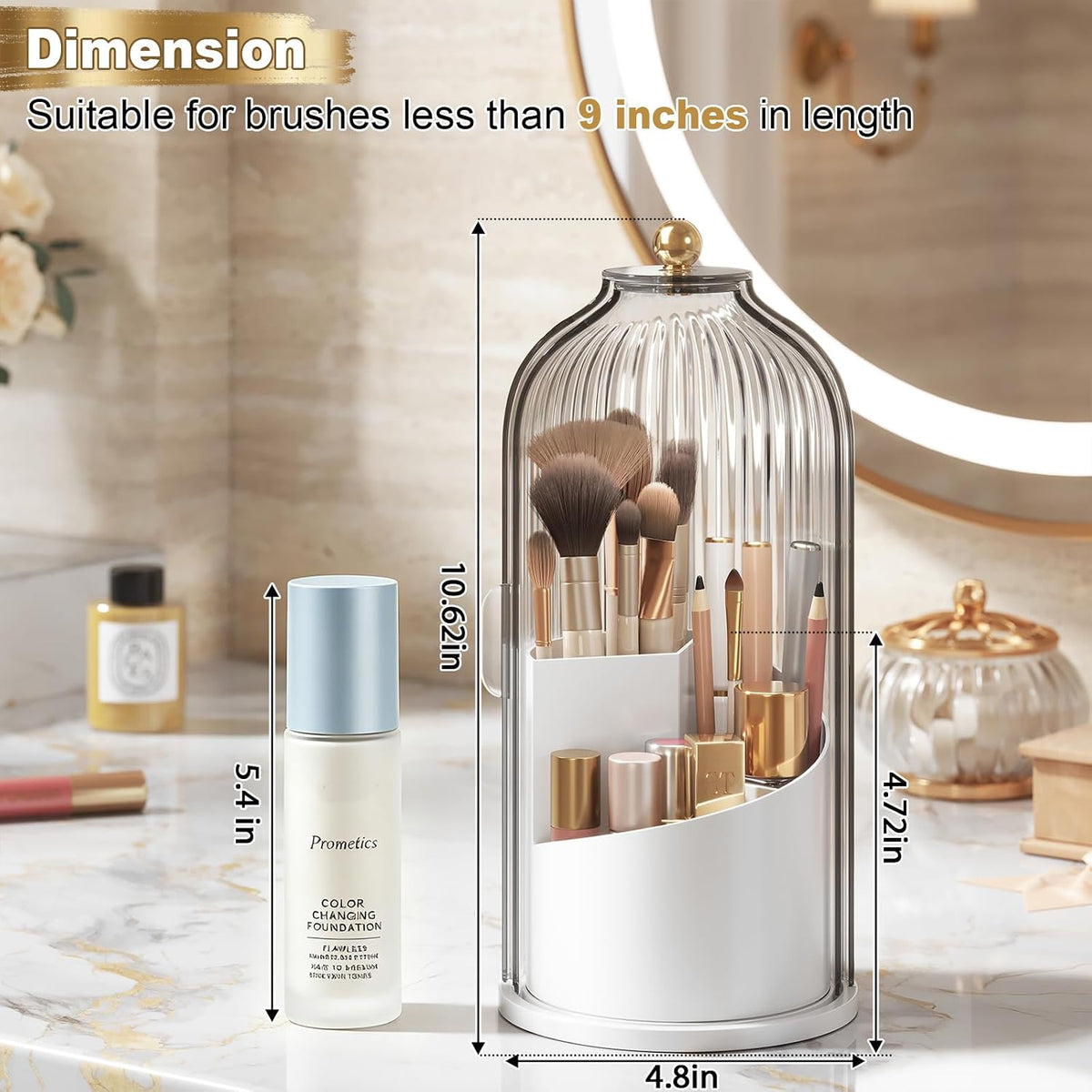 Covered Makeup Brush Holder with Sliding Lid,360° Rotating Makeup Organizer