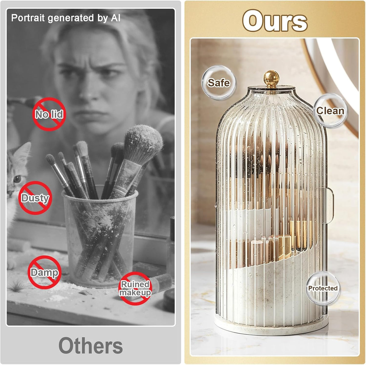 Covered Makeup Brush Holder with Sliding Lid,360° Rotating Makeup Organizer