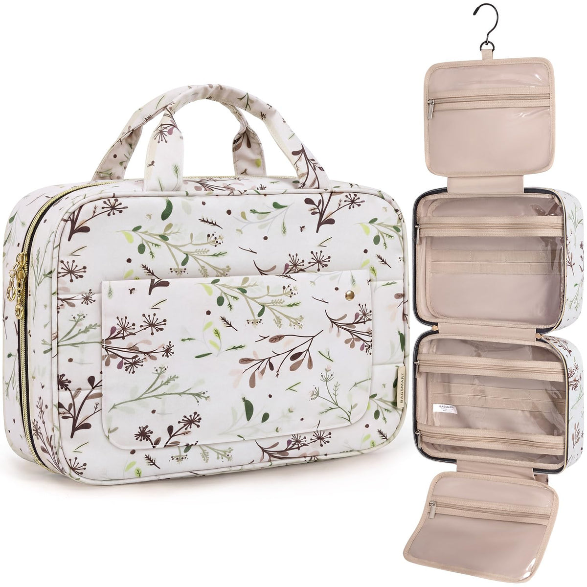 BAGSMART Toiletry Bag Travel Bag with Hanging Hook, Water-resistant Makeup Cosmetic Bag Travel Organizer for Accessories, Shampoo, Full-size Container, Toiletries (Baby Pink, Medium)