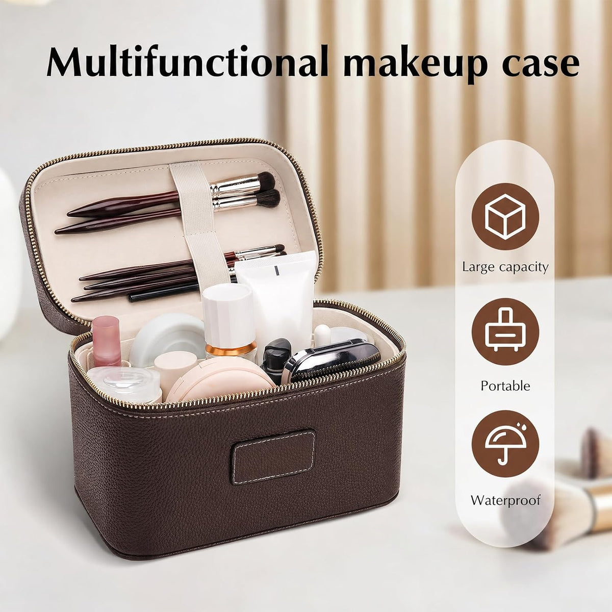 Makeup Case for Women, Leather Makeup Bag Cosmetic Case with Removable Divider, Large Capacity Waterproof Portable Travel Toiletry Make up Organizer Case