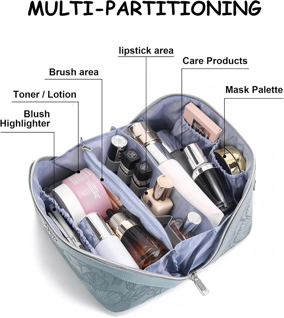 BOYATU Travel Makeup Bags Cosmetic Organizer Bag: Floral Make up Bag | 3 Pcs Set Large Capacity Makeup Bag with Compartments - Waterproof Leather Toiletry Bags with Handle for Women (Blue)