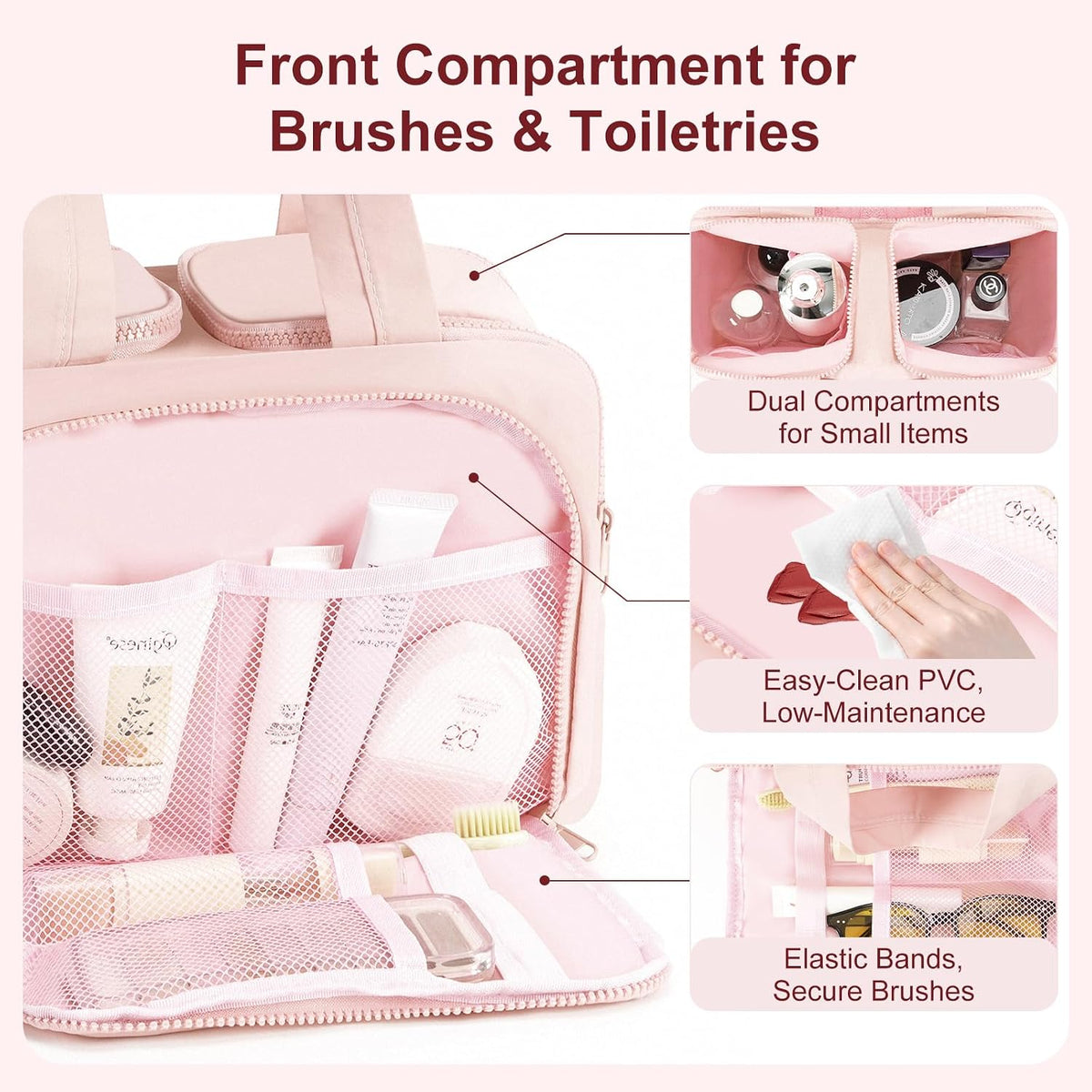 Travel Makeup Bag, Portable Travel Bag with Hanging Hook for Women, Waterproof and Hanging Toiletry Bags Travel Organizer Accessories for Travel Essentials,Pink