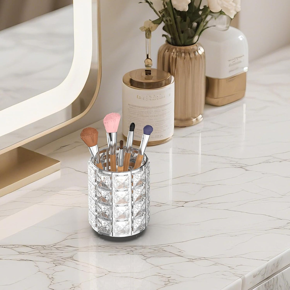 LUGUNU Makeup Brush Holder with Silver Crystal Bling – Elegant Vanity Organizer for Brushes, Pens & Pencils, Ideal for Bathroom or Office Countertop(1Pack)