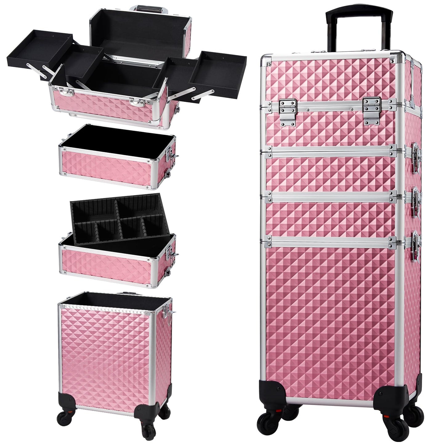 Stagiant Rolling Makeup Case Cosmetology Case on Wheels 4 in 1 Large Cosmetic Organizer Train Case Makeup Travel Case with Key Swivel Wheels Nail Artist Salon Storage Traveling Cart Trunk Black