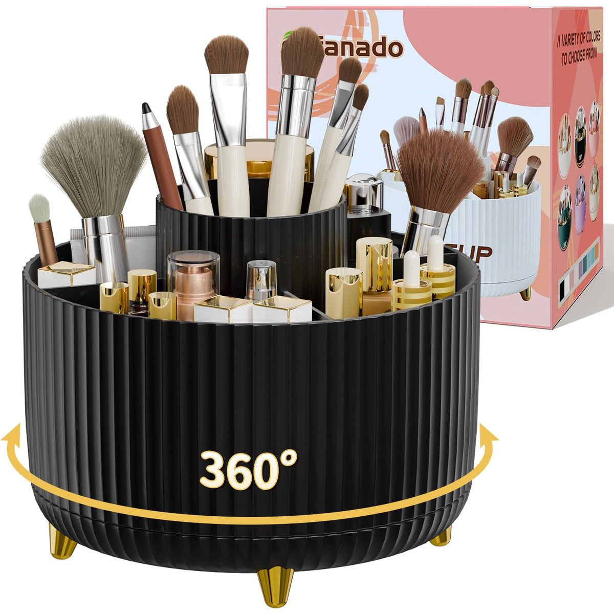 fanado 360° Rotate Makeup Brush Holder Organizer, Makeup Organizers Countertop, Makeup organization and Skincare Storage for Vanity, Desktop, Bathroom (White)