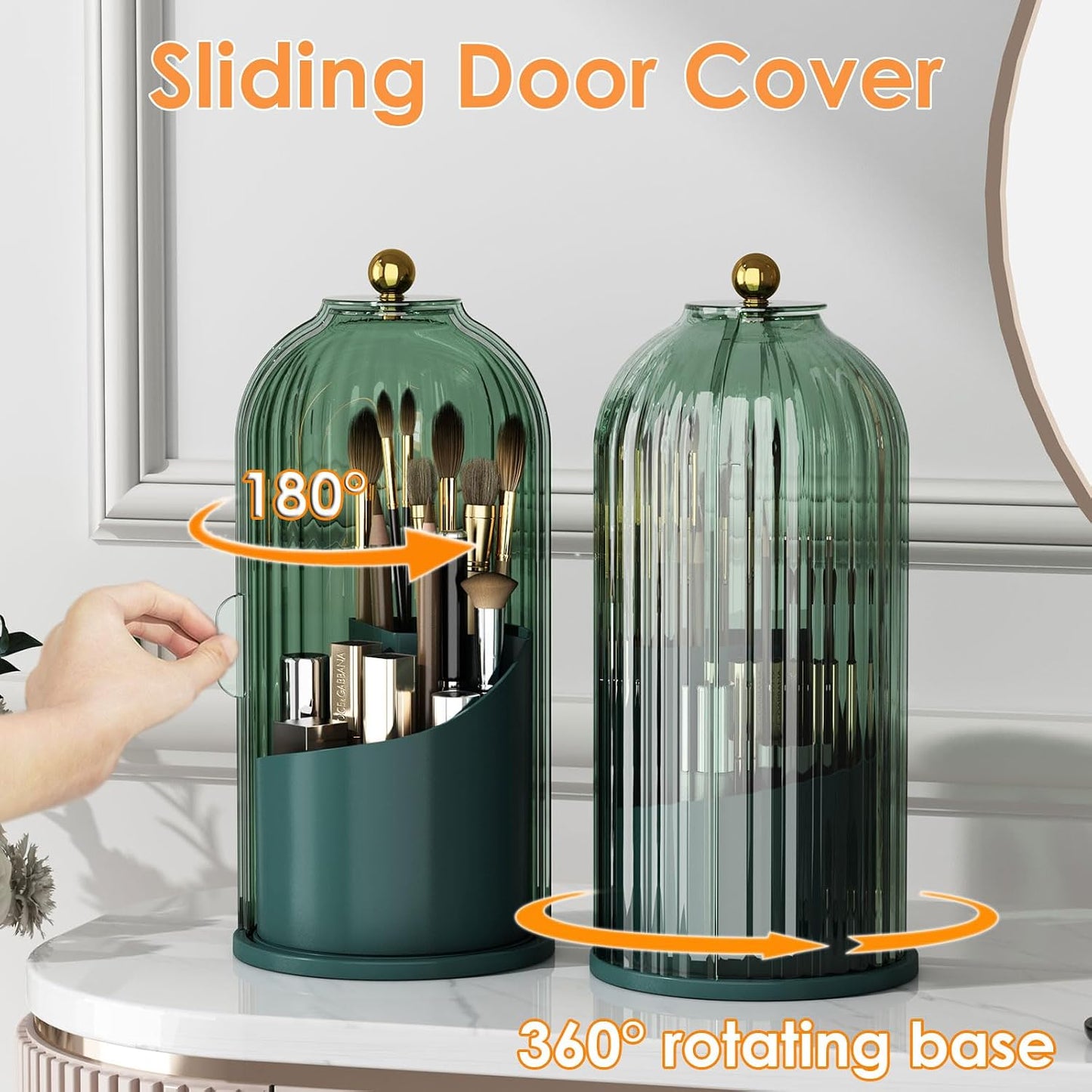 YOOLENS Makeup Brush Holder with Lid 360 Rotating Clear Dustproof Make Up Organizers for Vanity Bathroom Countertop, Green