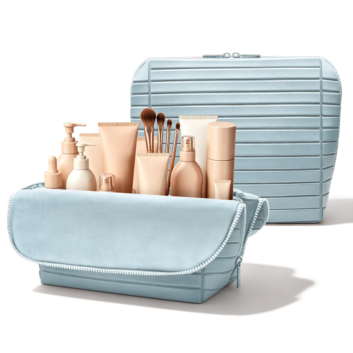 Travel Makeup Organizer Bag with Fold-Down Design and Adjustable Dividers, 27 Pockets & 3 Brush Storage Holders, Large Capacity Cosmetic Bags Toiletry Case - Brown