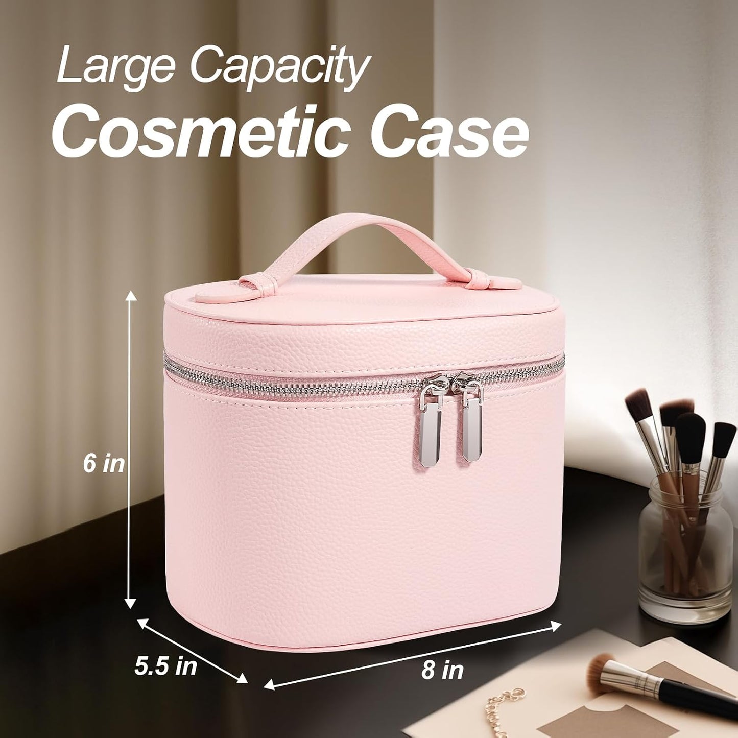 Cosmetic Case, Leather Makeup Bag, Portable Handheld Makeup Case, Detachable Compartments
