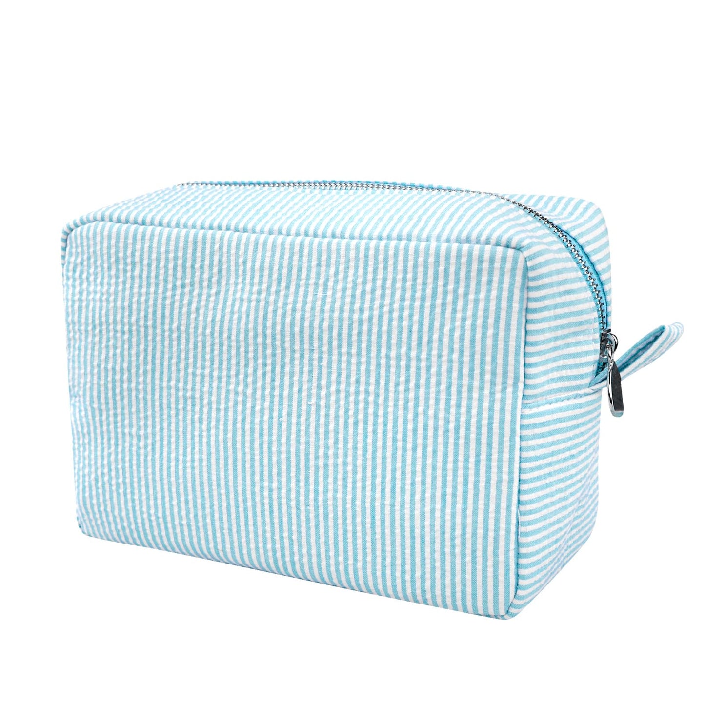 GFU Makeup Bag for Women, Cute Cosmetic Bag, Lightweight Toiletry Make up Bag, Large Seersucker Aesthetic Organizer Storage Pouch for Girls, Women and Moms Gifts, Blue