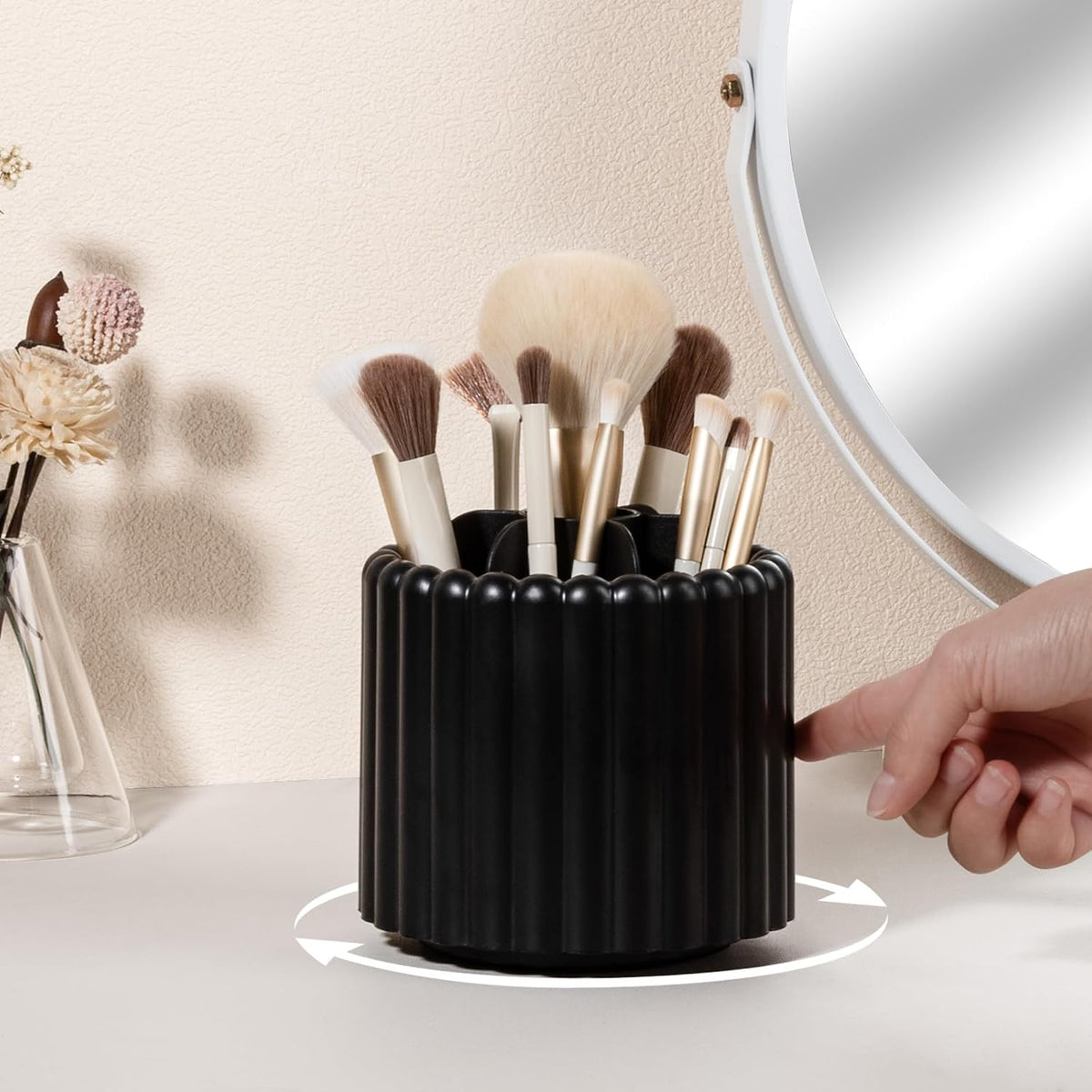 Rotating Makeup Brush Holder Organizer with Removable Dividers, Black