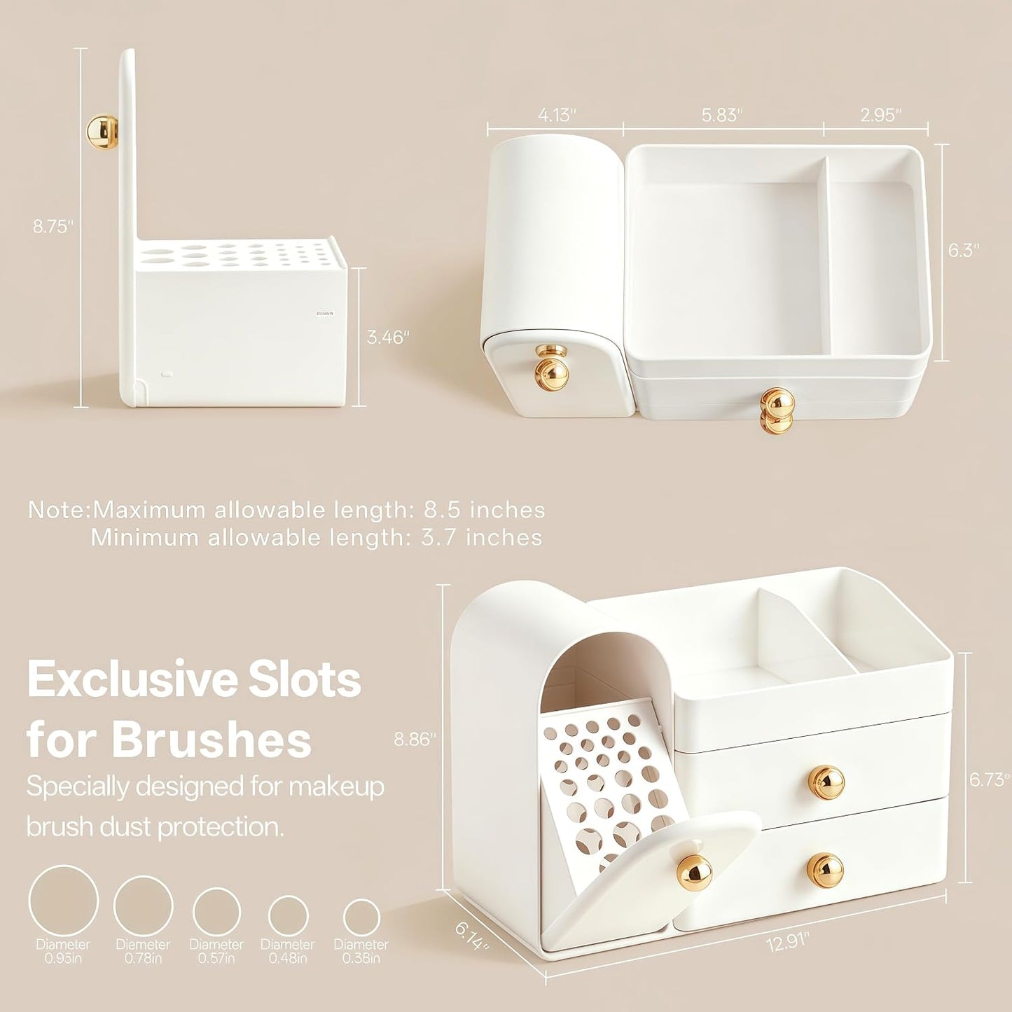 HBlife Makeup Organizer Countertop with Drawers, Vanity Organizers with Brush Holder, Bathroom Counter Organizer for Perfume, Nail Polishes, Lipsticks, Skincare and Eyeshadow Palettes, White