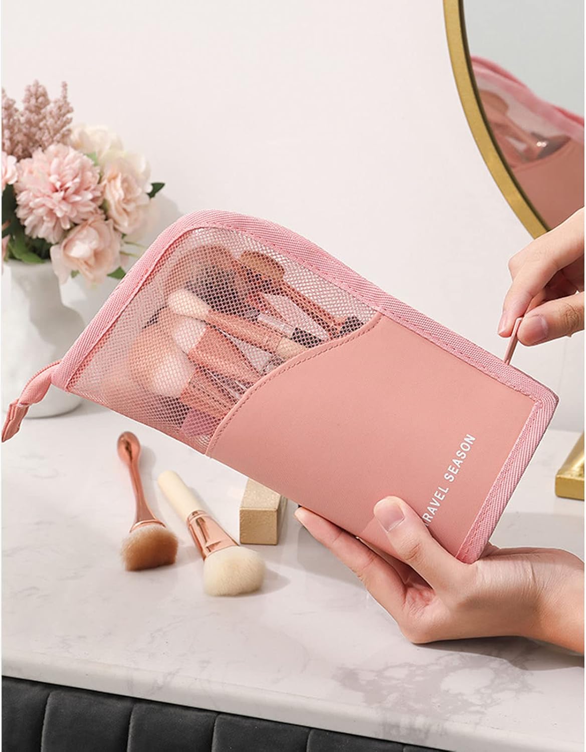 Makeup Brush Travel Case Stand Up, High Capacity Makeup Organizer Portable Travel Makeup Brush Holder (Pink)