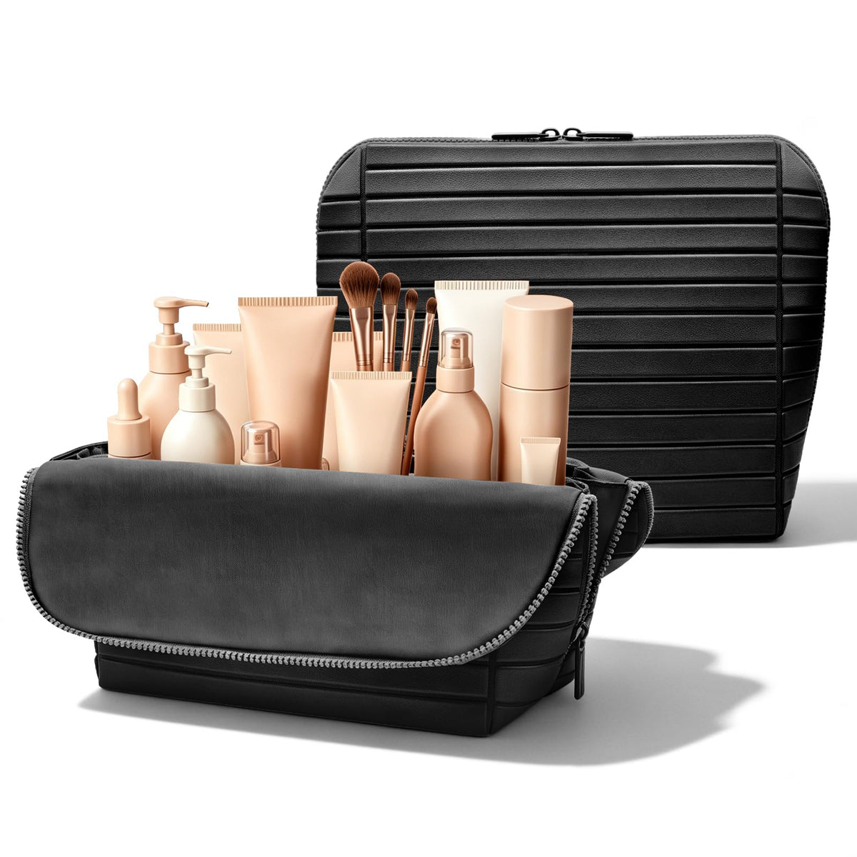 Travel Makeup Organizer Bag with Fold-Down Design and Adjustable Dividers, 27 Pockets & 3 Brush Storage Holders, Large Capacity Cosmetic Bags Toiletry Case - Brown