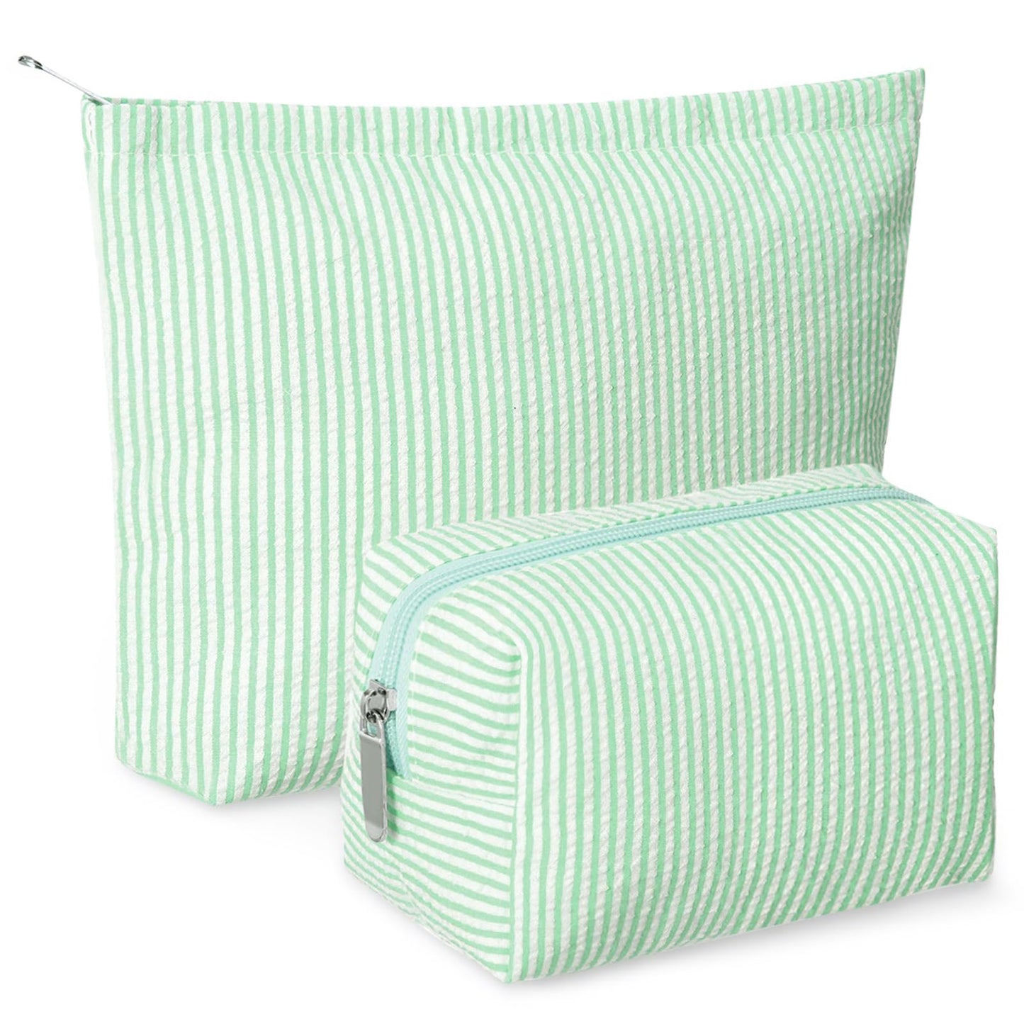 Huhumy 2 Pcs Makeup Bag Set for Women, Khaki, Thin Striped Seersucker