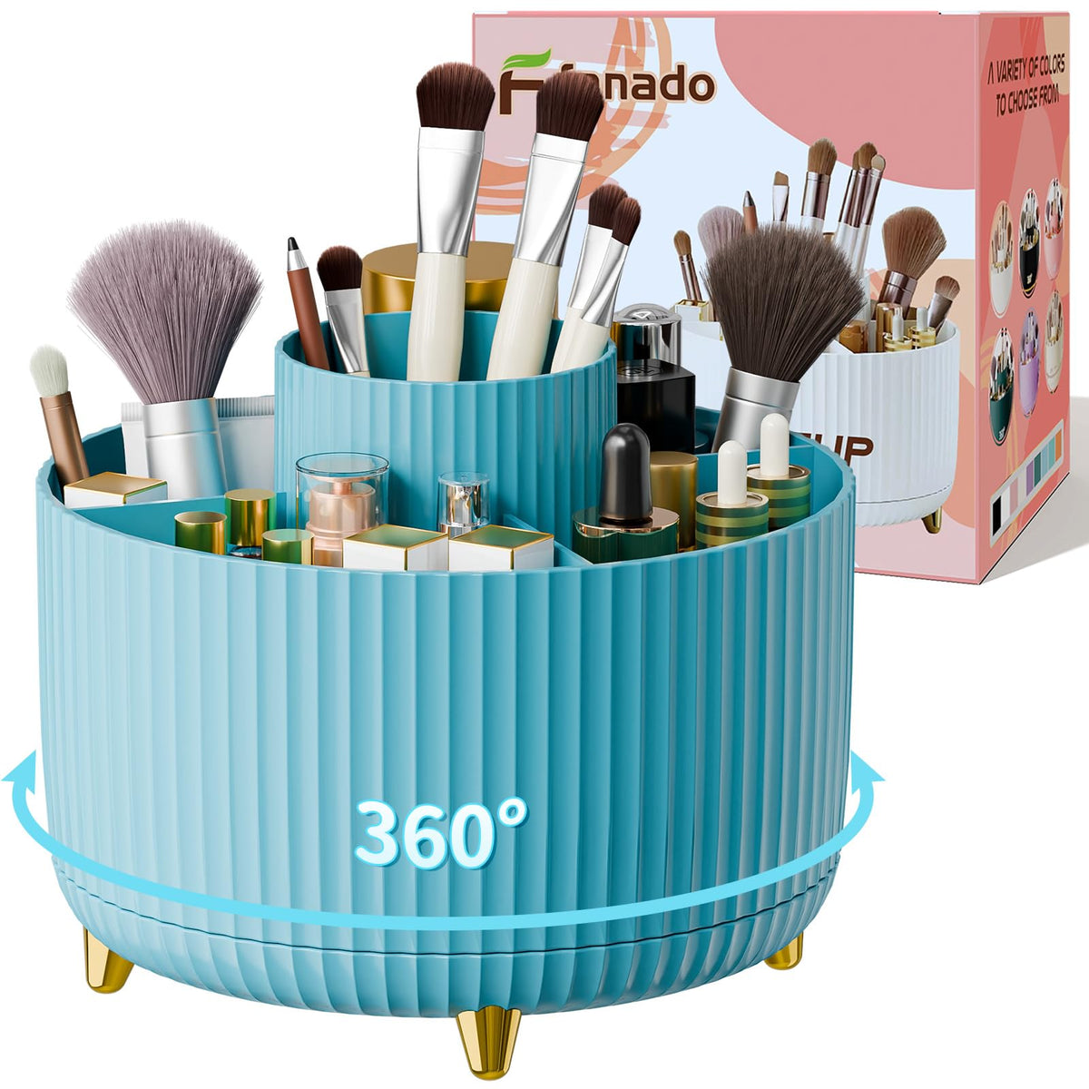 fanado 360° Rotate Makeup Brush Holder Organizer, Makeup Organizers Countertop, Makeup organization and Skincare Storage for Vanity, Desktop, Bathroom (Clear Amber)