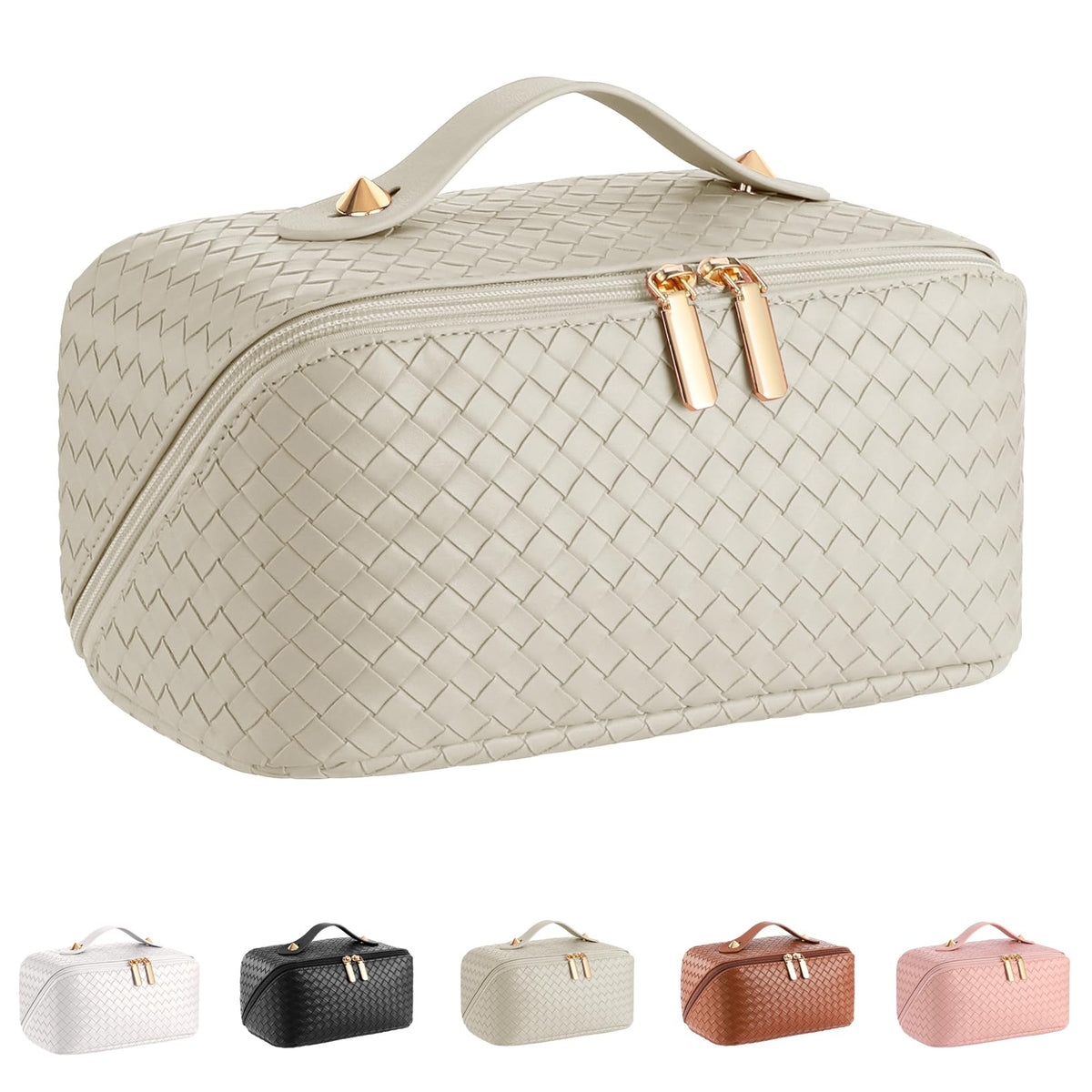 ALEXTINA Travel Makeup Bag, Large Capacity Cosmetic Bag for Women, Open Flat Make up Bag, Waterproof PU Leather Checkered Makeup Organizer Bag with Collapsible Handle,Toiletry Bag for Cosmetics, White