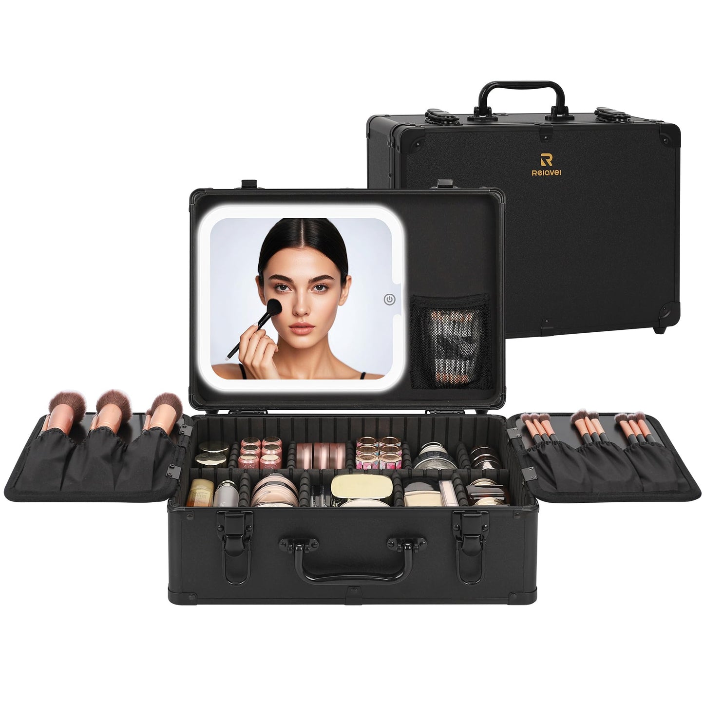 Relavel Makeup Bag with LED Mirror, Makeup Box Travel Train Case with Rechargeable Lighted Mirror & Adjustable Dividers, Cosmetic Brush Organizer Storage for Makeup Artists Gifts for Women and Girls