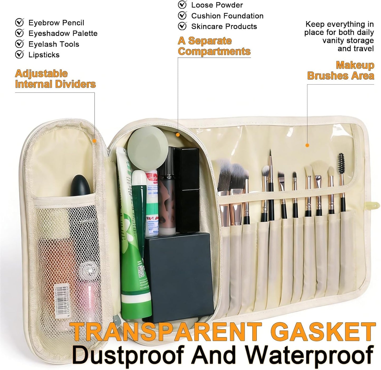 Folding Makeup Brush Bag with Separate Compartment,Rollup & Open Flat(white