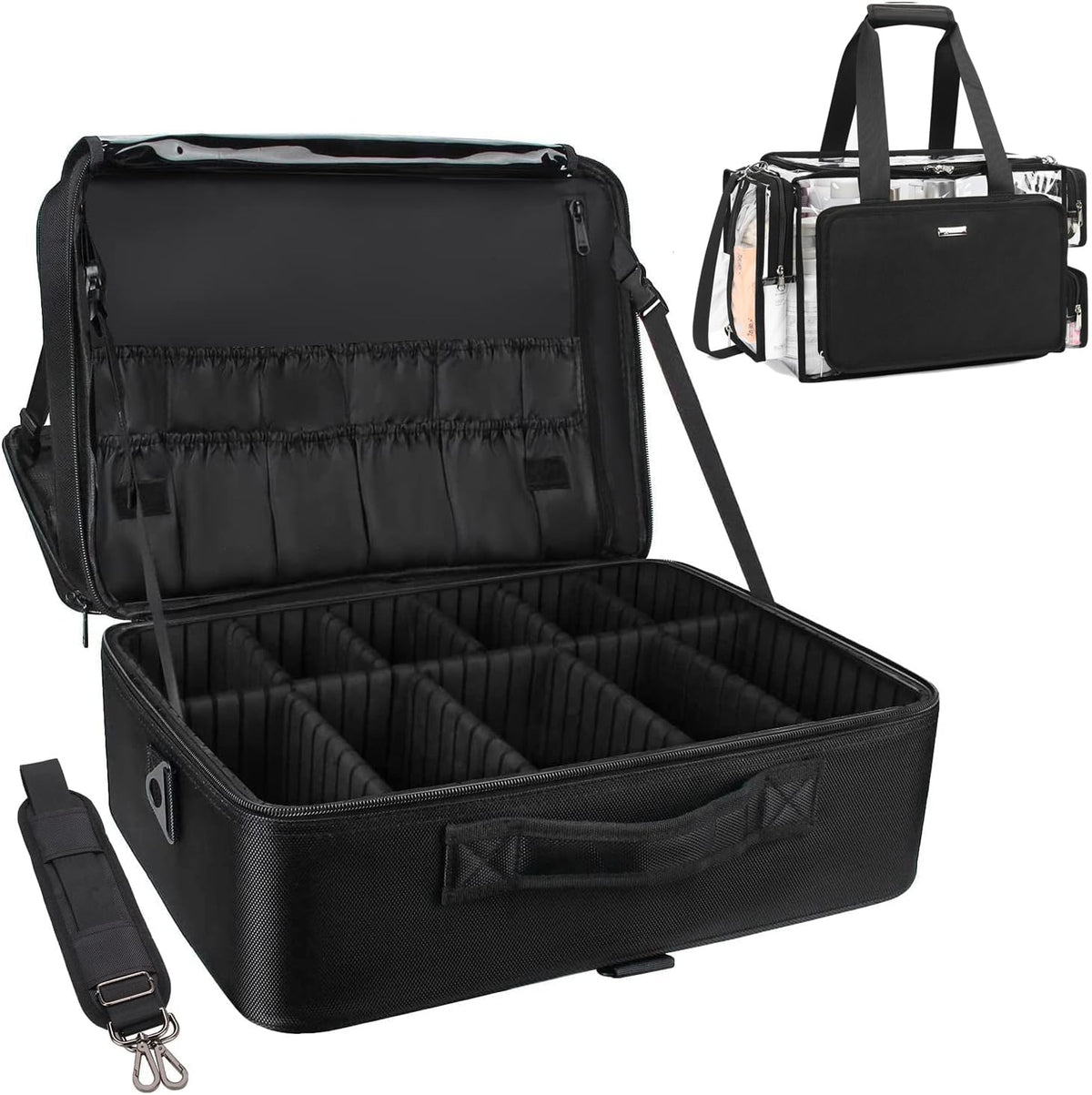 Relavel Extra Large Makeup Case Travel Makeup Train Case Professional Makeup Artist Bag Portable Nail Organizer Box Art Supply Case with Adjustable Dividers/Attach to Trolley/Shoulder Strap (Black)