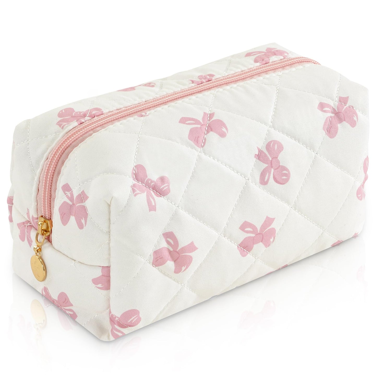 Makeup Bag Travel Toiletry Bag for Women, Small Cosmetic Bags Cute Quilted Cotton Makeup Pouch for Purse Emergency Bag Pencil Case Accessory Bag, Pastel Pink