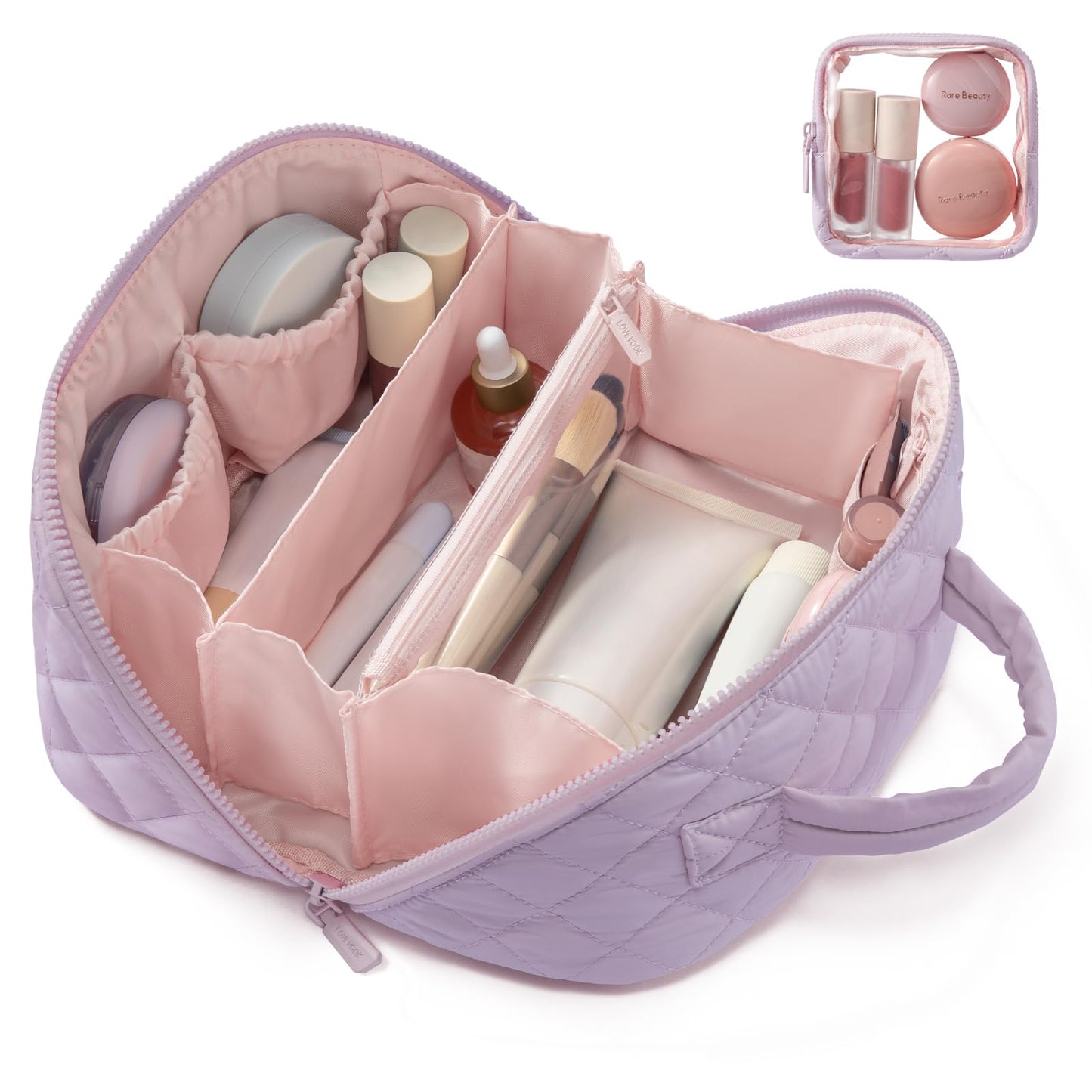 LOVEVOOK Travel Makeup Bag for Women, 2Pcs Puffer Waterproof Cosmetic Organizer, Large Capacity Pouch Open Flat Small Toiletry Bag with Brush Compartment & Handle (Pink, Medium)