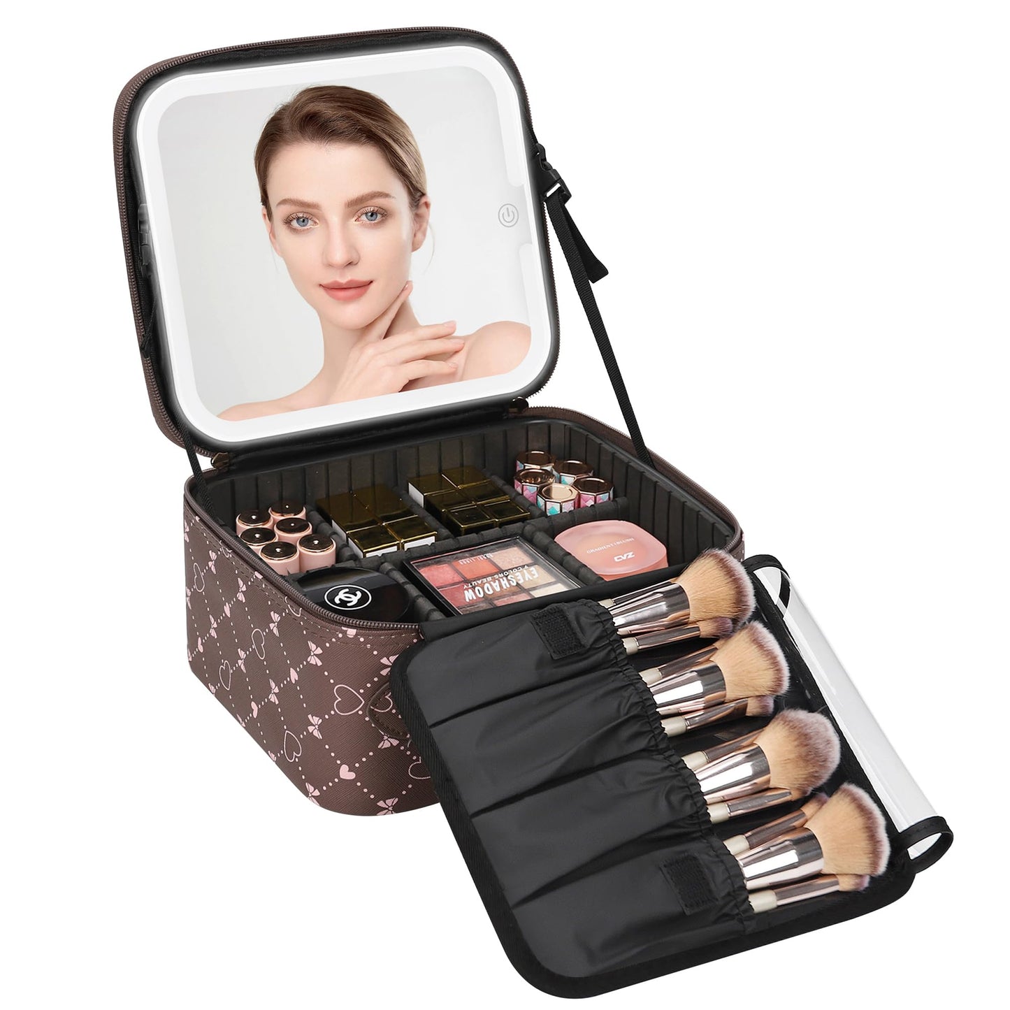Relavel Travel Makeup Bag With LED Mirror, Cosmetic Train Case with Light up Mirror, Portable Makeup Artist Organizer Bag with Adjustable Dividers, Makeup Brush Holder Storage, Black