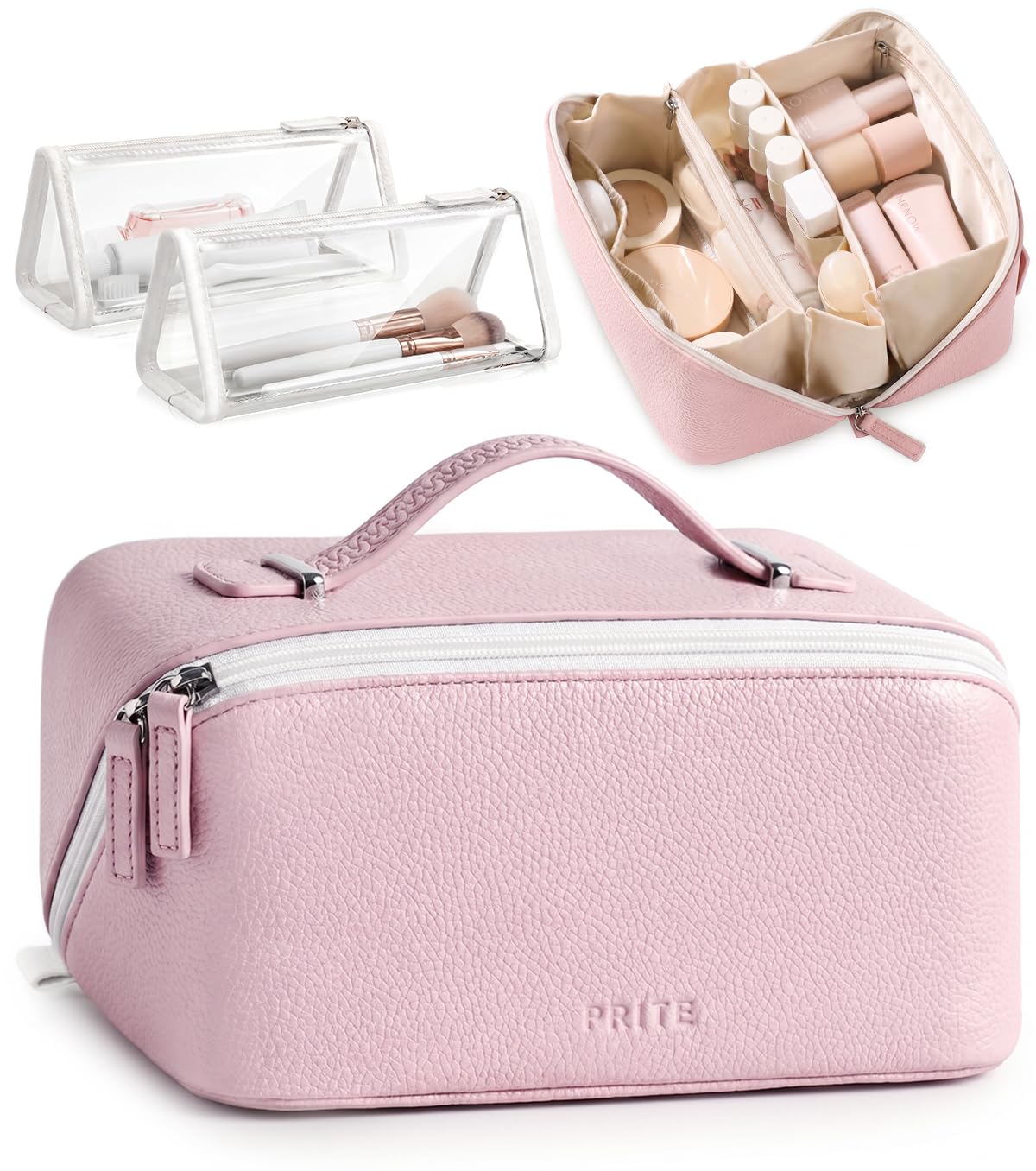 Prite Makeup Bag Travel Toiletry Bag Open Flat Cosmetic Organizer for Women
