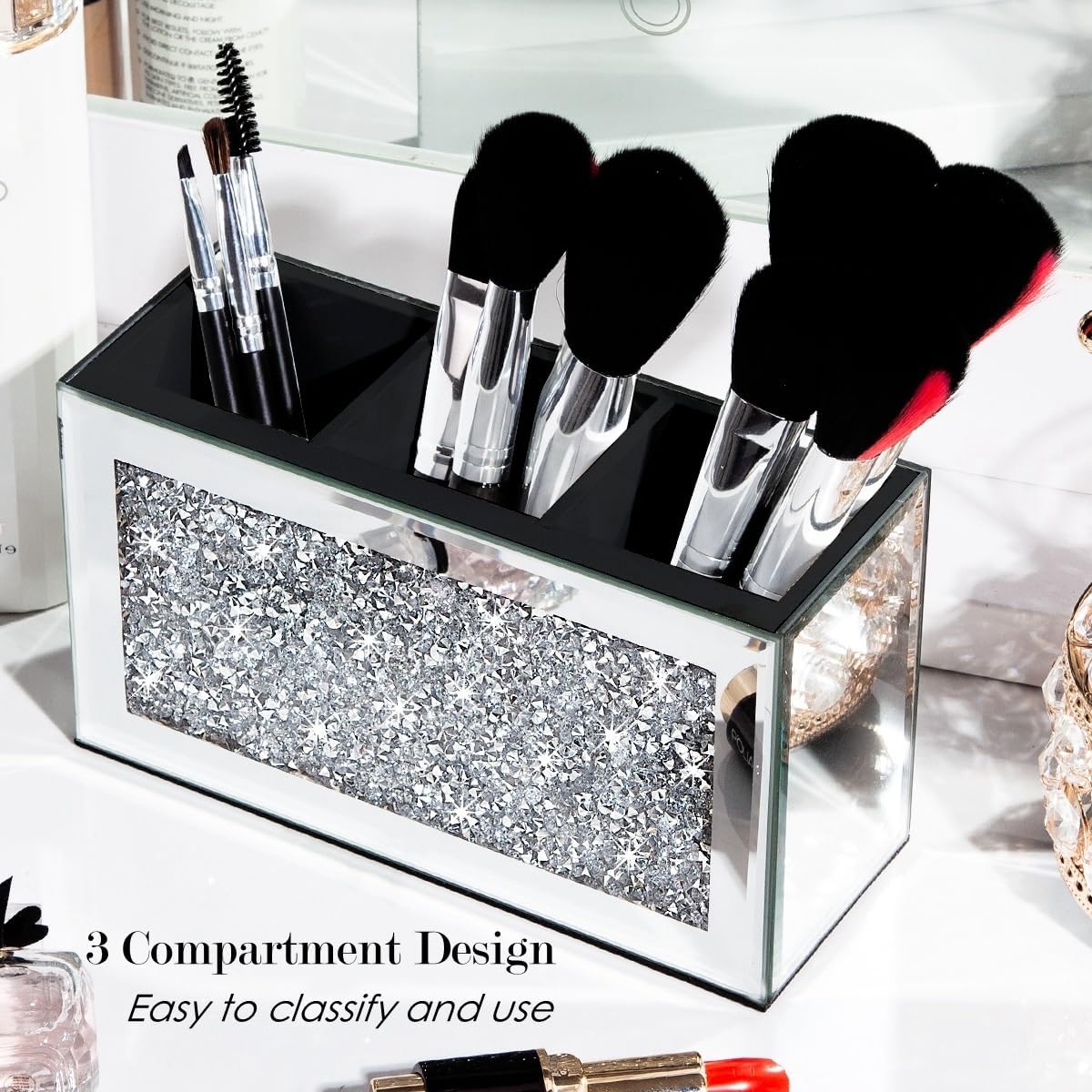 SHYFOY Mirrored Makeup Brush Holder Organizer with Crushed Diamond, 3 Slots