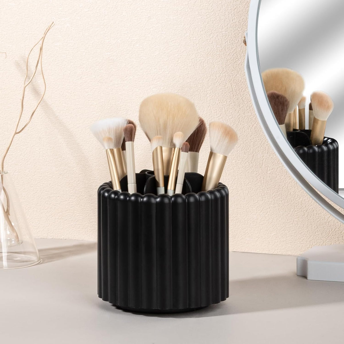 Rotating Makeup Brush Holder Organizer with Removable Dividers, Black