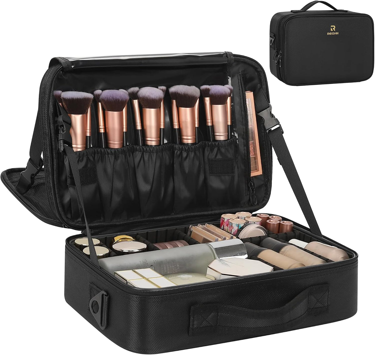 Relavel Makeup Bag Travel Train Case Cosmetic Organizer with Divider, Black