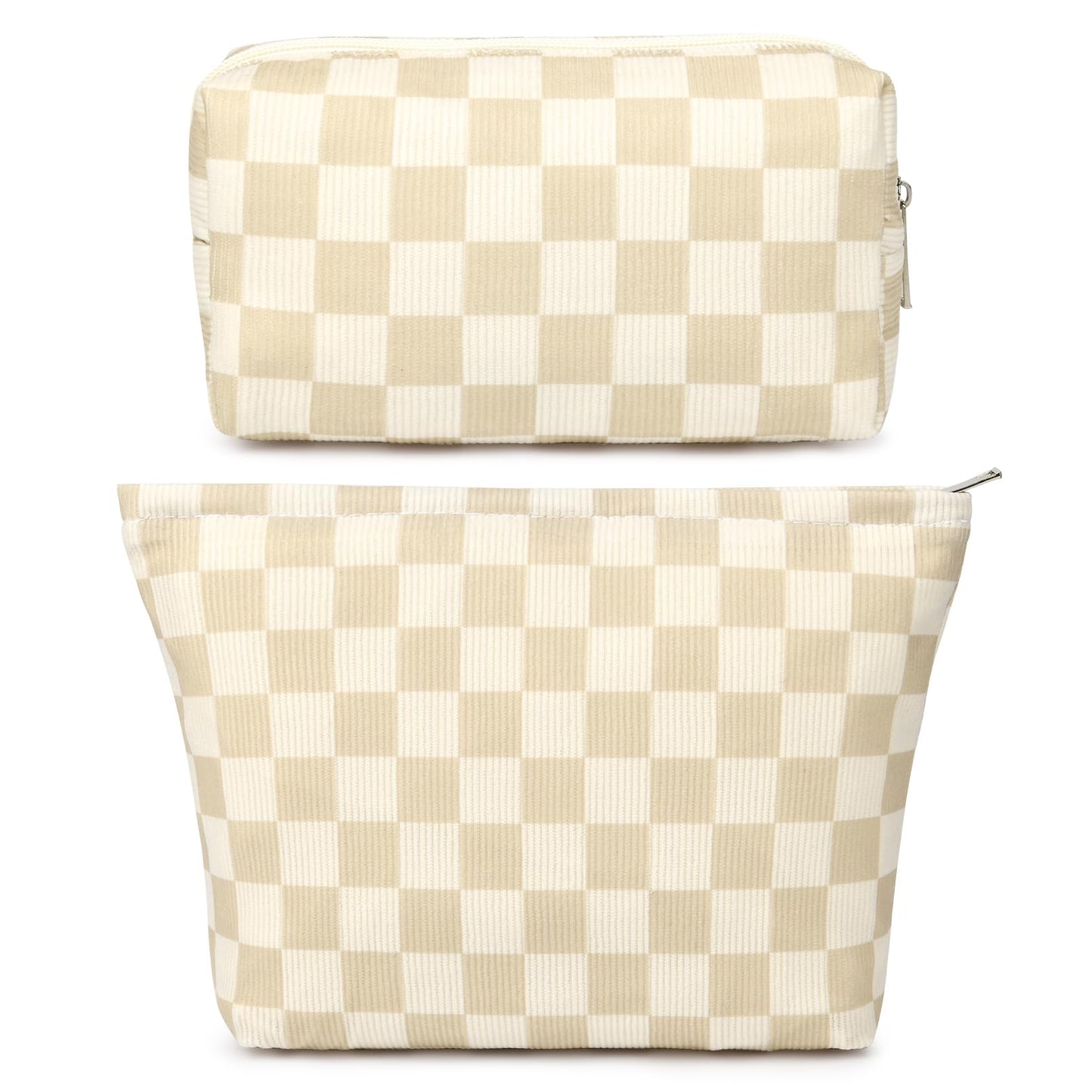 SOIDRAM 2 Pieces Makeup Bag Large Checkered Cosmetic Bag Capacity Canvas Mix Travel Toiletry Bag Organizer Cute Makeup Brushes Aesthetic Accessories Storage Bag for Women, Checkered Mix Rose Red