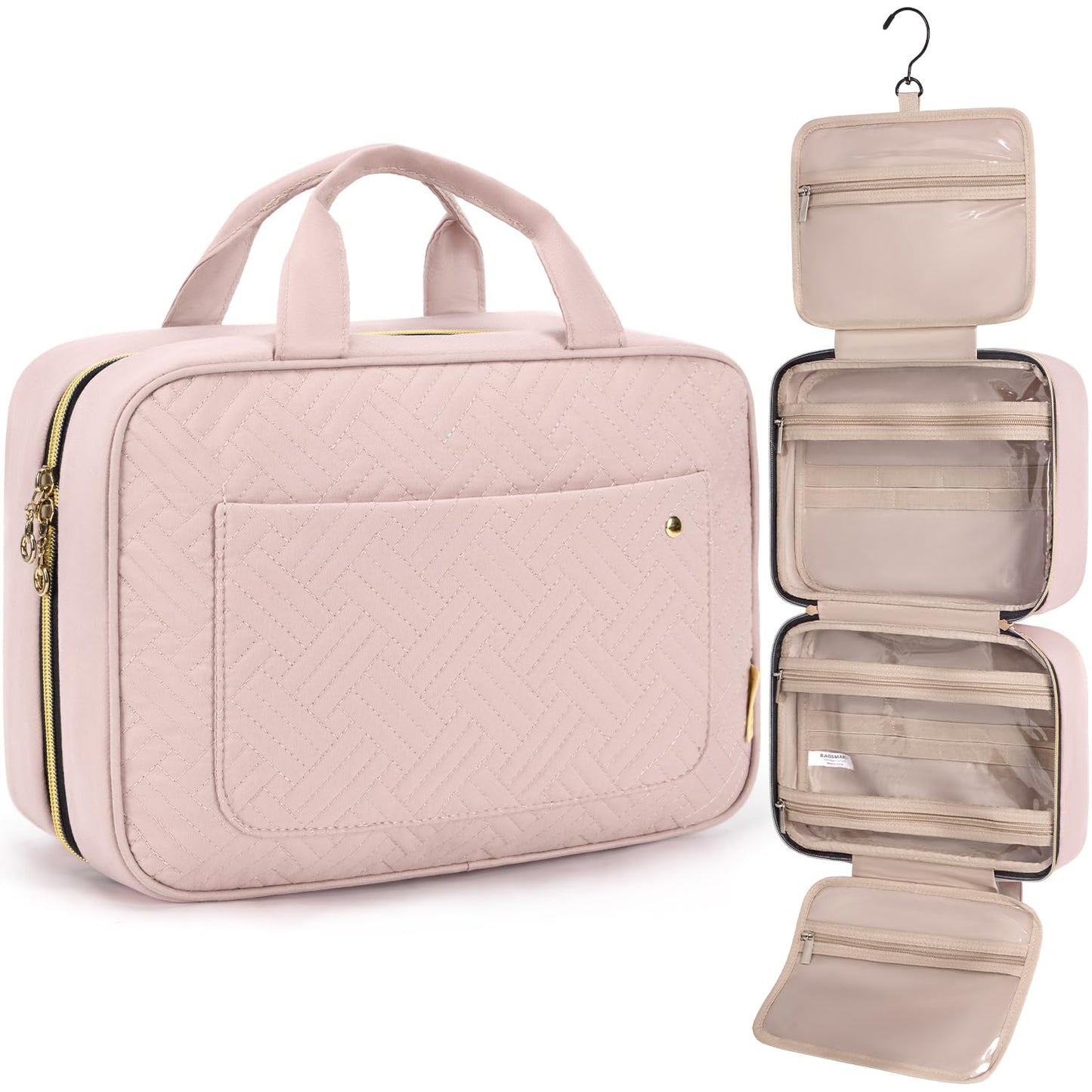 BAGSMART Toiletry Bag Travel Bag with Hanging Hook, Water-resistant Makeup Cosmetic Bag Travel Organizer for Accessories, Shampoo, Full-size Container, Toiletries (Baby Pink, Medium)