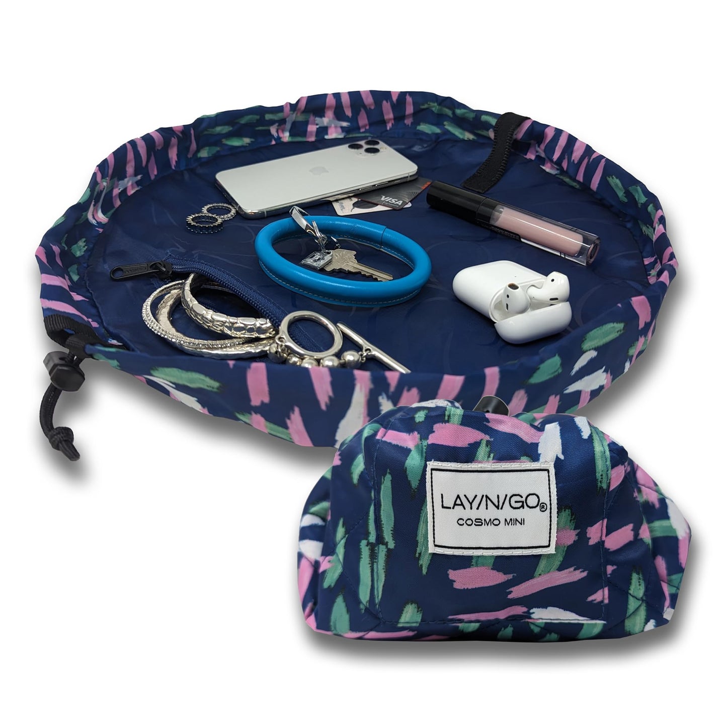 Lay-n-Go Cosmo Layflat Drawstring Cosmetic & Makeup Bag Organizer w/Zipper Pocket, Brush Loops & More, Cinch to Close, Lay Flat to Use, Durable, Machine Wash, Travel Toiletry Bag (20", Dogs)